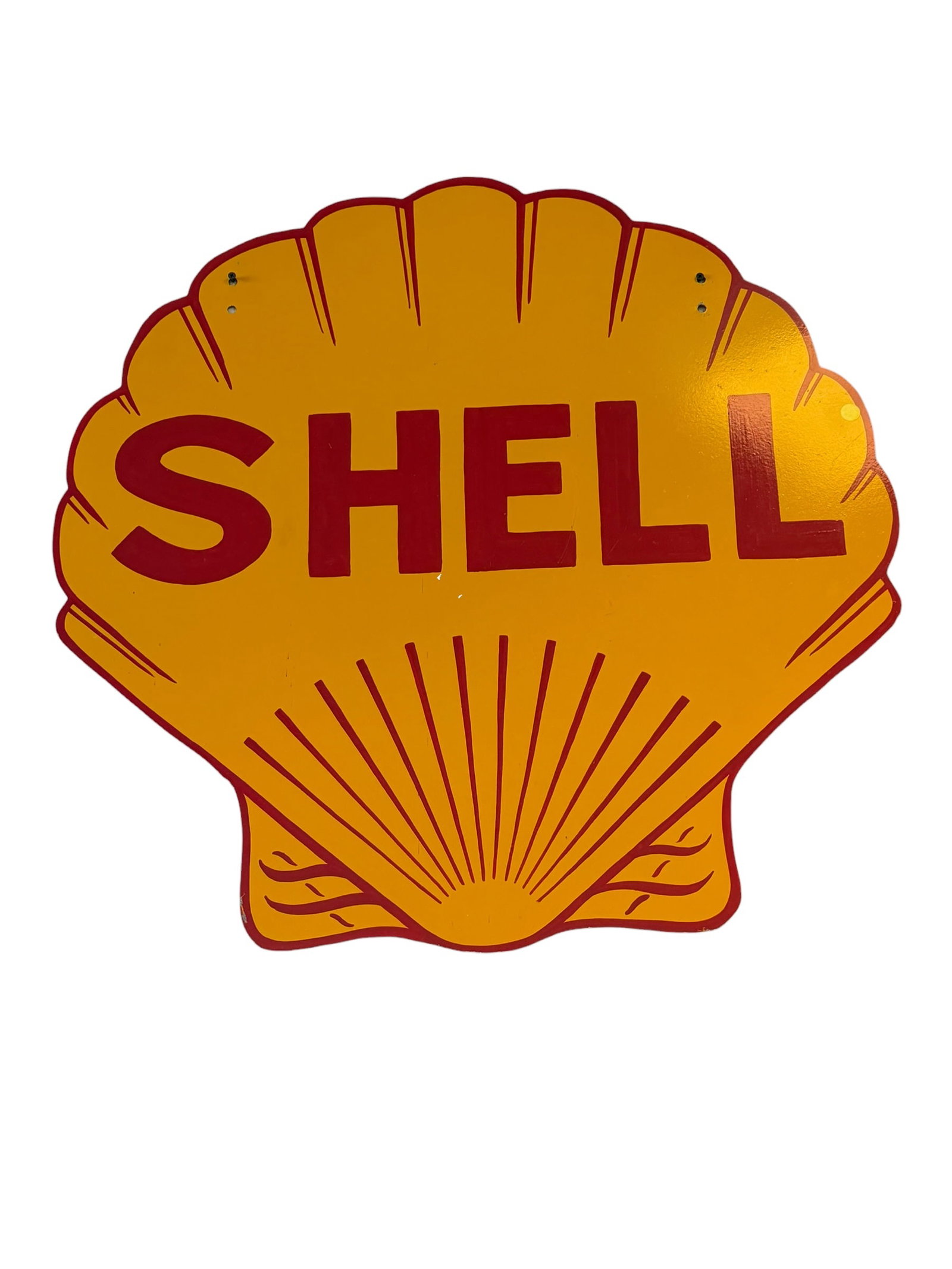 Shell Advertising Sign: Appears to be a vintage-style or reproduction Shell gasoline scallop shell logo metal sign.Features the classic red and yellow color scheme with bold red "SHELL" lettering across the center.Styled as
