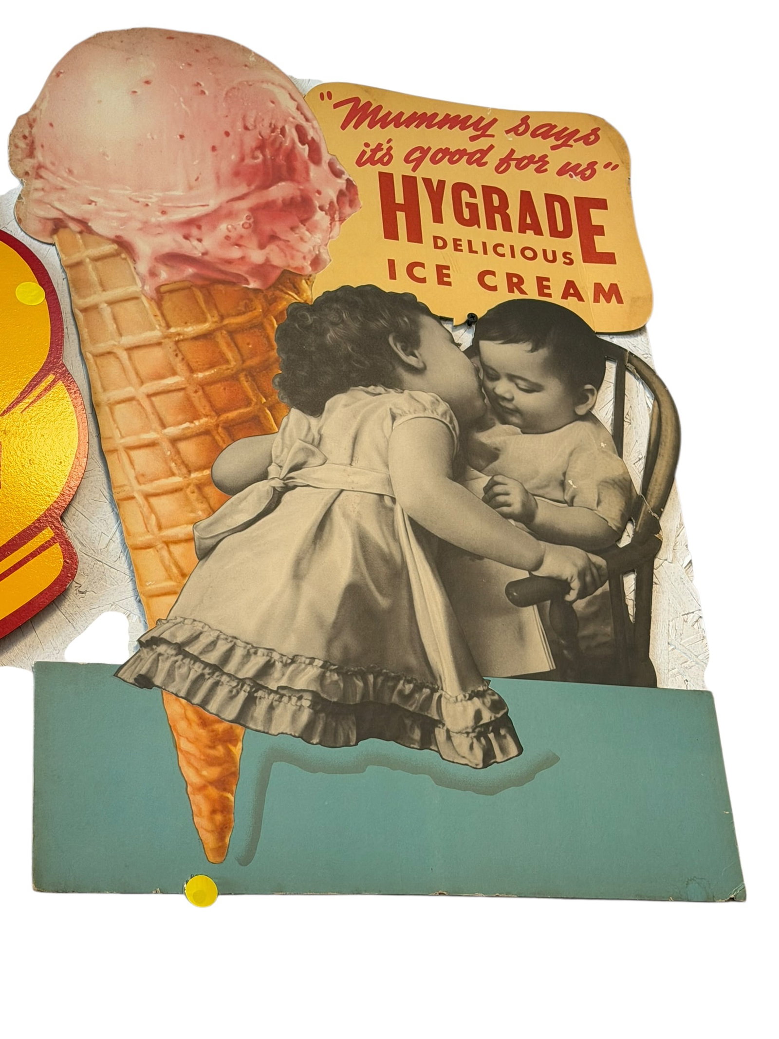 Hydride Ice Cream Advertising Sign: This is an original 1950s Hygrade Delicious Ice Cream advertising easel display sign. [1, 2, 3]Historical BackgroundEra: Produced during the 1950s as a point-of-sale marketing display. [1, 2]Design