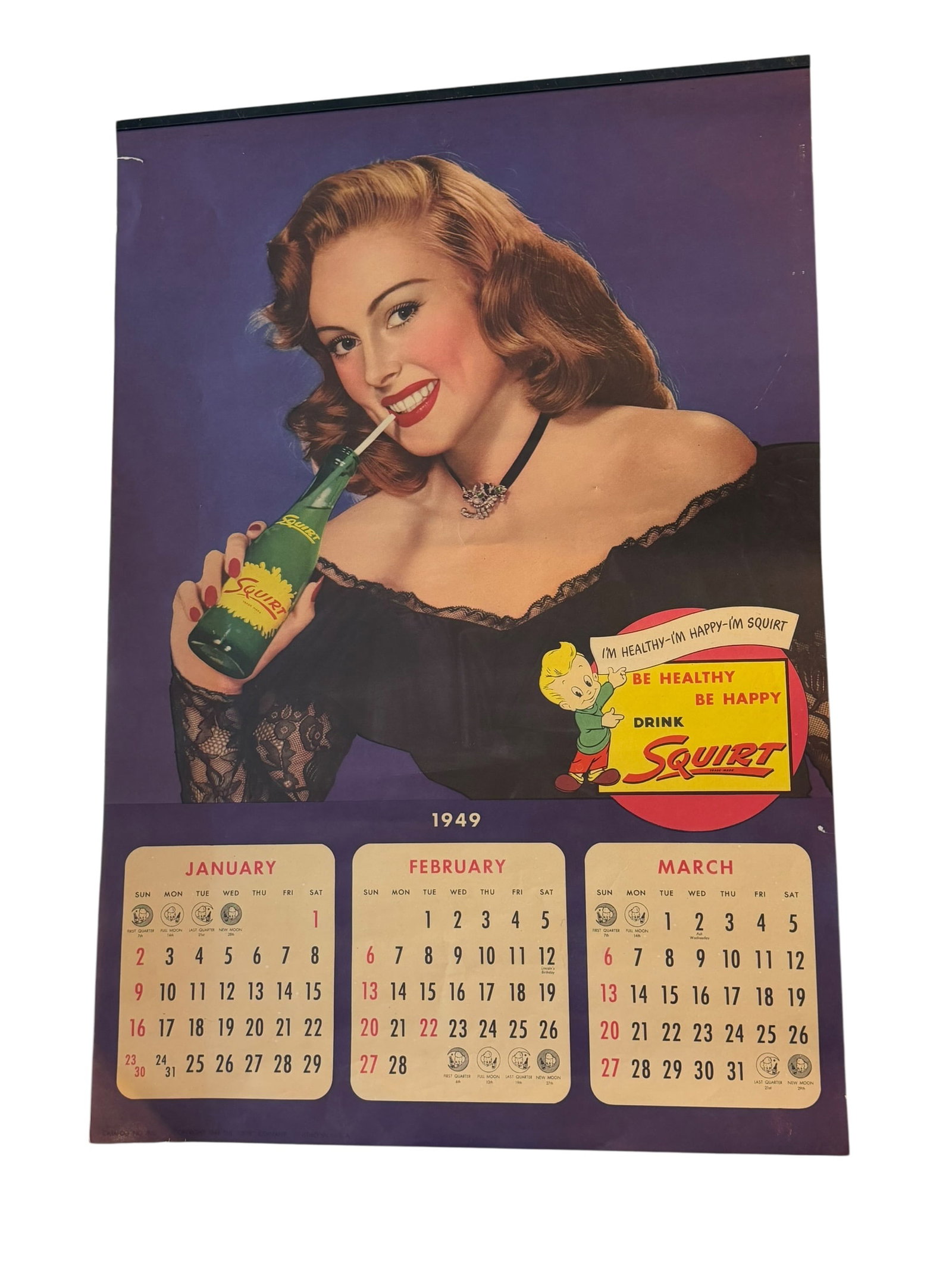 1949 Squirt Advertising Calendar: This image shows a vintage 1949 Squirt soda advertising wall calendar featuring a pin-up style woman holding a green glass bottle and the brand's mascot, "L'il Squirt". [1]It is an original