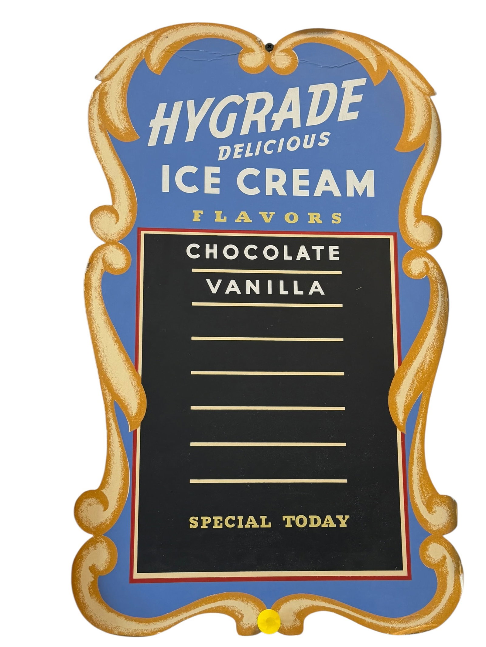 Hydride Ice Cream Advertising Sign: This appears to be a vintage circa-1940s "Hygrade Delicious Ice Cream" die-cut metal soda fountain menu and chalkboard sign. [1]Item Type: Vintage advertising sign and menu boardBrand/Origin: Hygrade