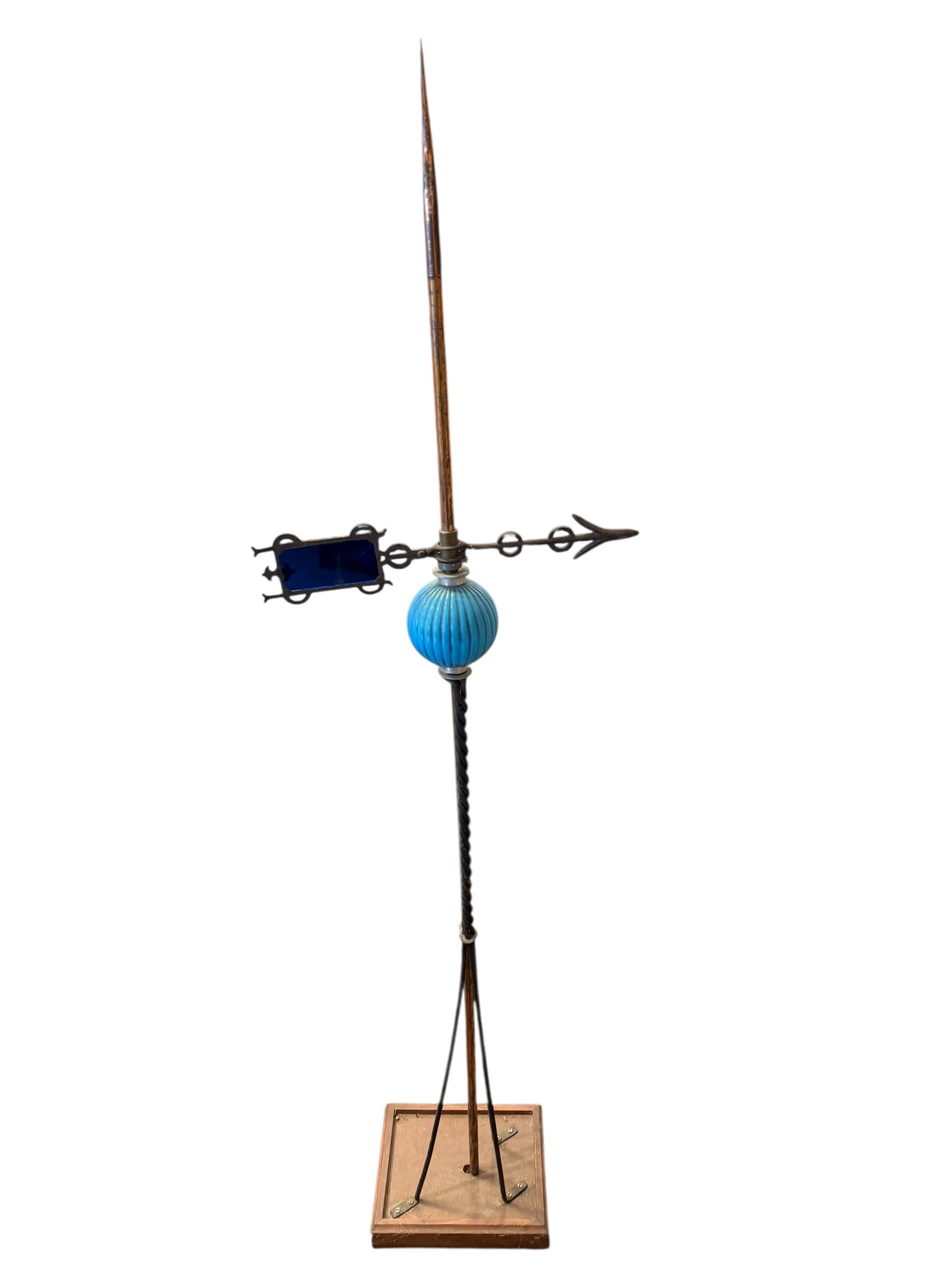 Lightning Rod: The selected region appears to show an antique architectural lightning rod and arrow weathervane combination featuring a twisted iron shaft, a powder-blue ornamental glass ball, and an inset colored