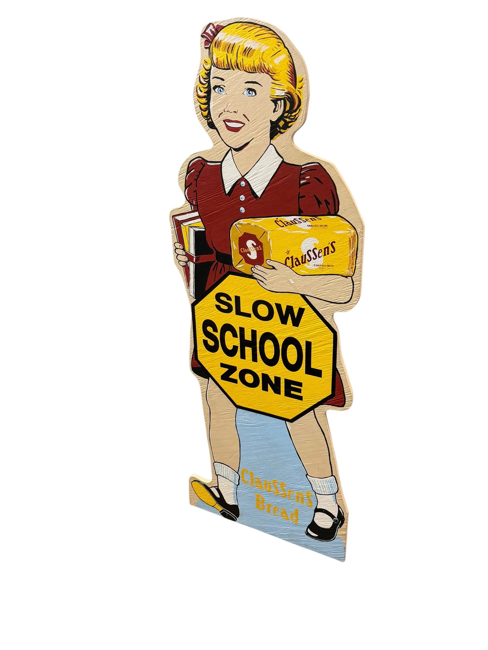 Classen’s Slow School Zone Crosswalk: This appears to be a vintage-style or period advertising display piece, closely resembling mid-20th-century die-cut tin school zone safety figures like "Safety Sal" or "Safety Sally", featuring
