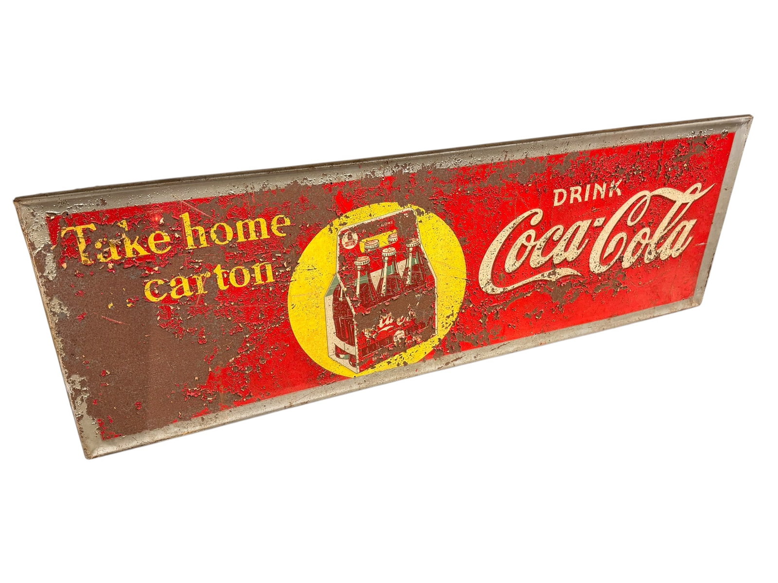 Early Coca Cola Sign: This piece is an authentic vintage 1930s to early 1940s Coca-Cola "Take Home a Carton" horizontal metal sign. [1, 2, 3]Key Features & DetailsEra / Date: Circa 1938–1942. Original versions of this