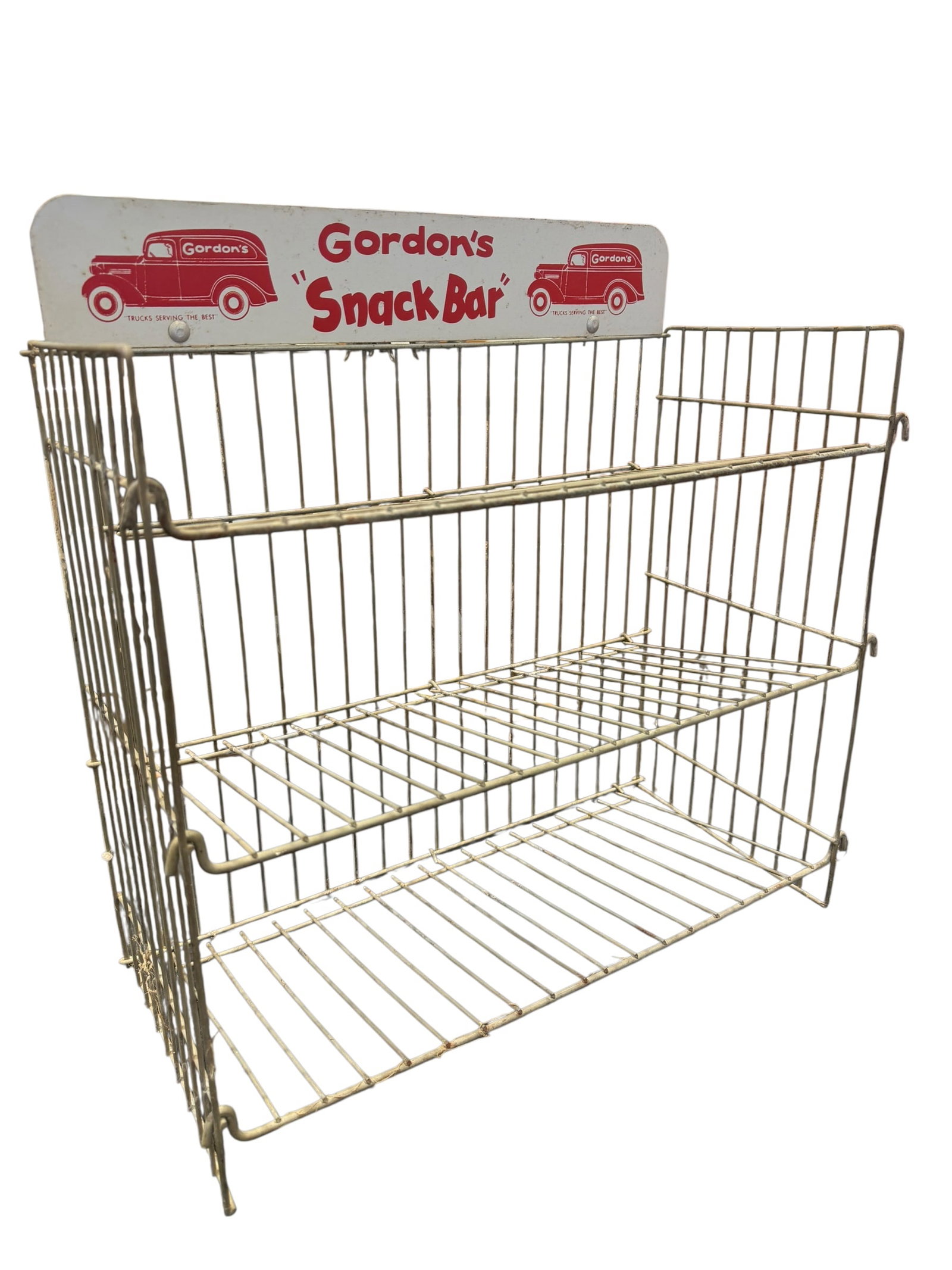 Gordon’s Snack Bar Display Rack: Appears to be a vintage Gordon's Snack Bar wire countertop display rack featuring a three-tier design and original top advertising marquee.Built with a white-painted metal wire frame and accented
