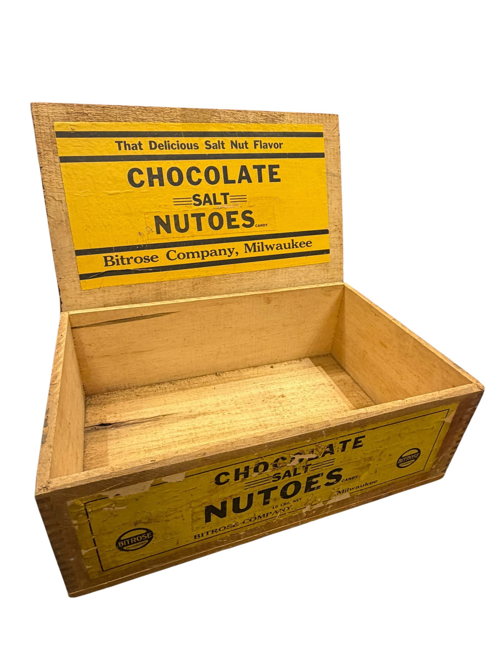Bites Chocolate Salt Nitoes Advertising Box: This appears to be a vintage wooden advertising candy or confection box featuring original paper labels for "Chocolate Salt Nutoes" by the Bitrose Company of Milwaukee.The hinged dovetailed wooden