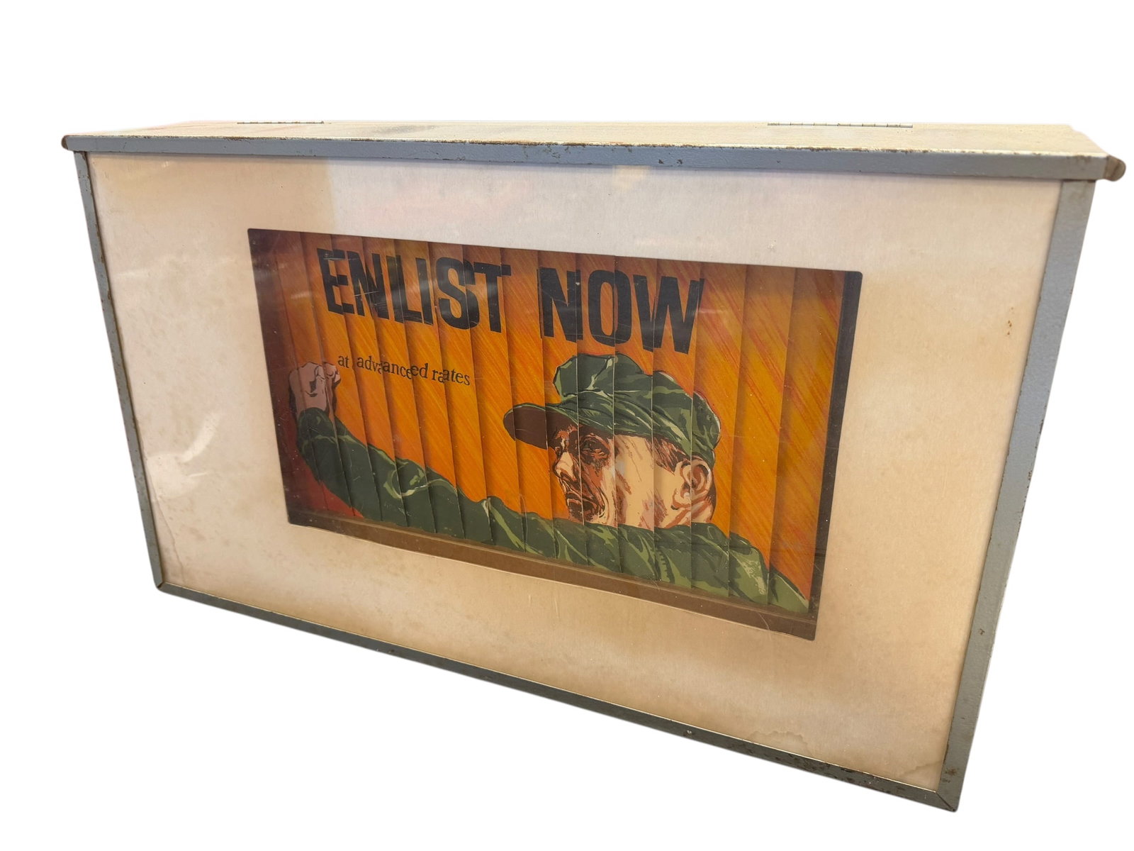 US Navy Seabees Recruitment Display: This item appears to be a vintage framed display featuring a mid-20th-century U.S. Navy Seabees recruitment graphic with the slogan "Enlist Now at advanced rates". The artwork utilizes a dimensional