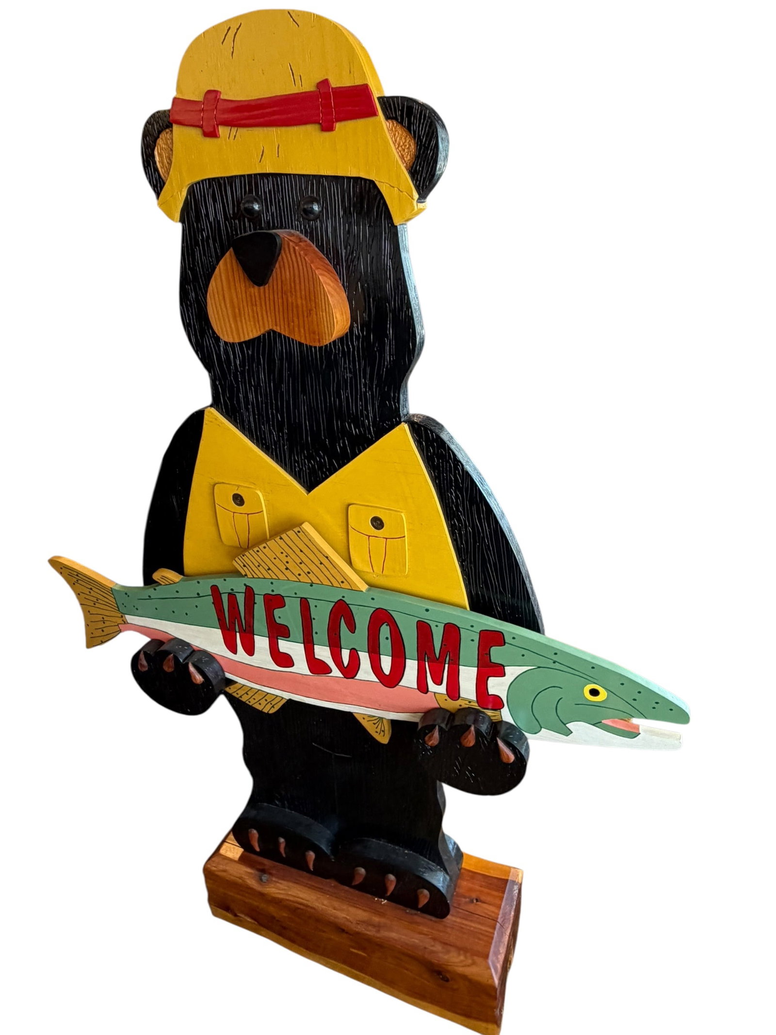 Hand Carved Bear: This wooden black bear welcome sign is handcrafted from the popular "Gone Fishin'" Woodcraft Pattern designed by The Winfield Collection. [1, 2]Key Details & DimensionsDesign Feature: The piece