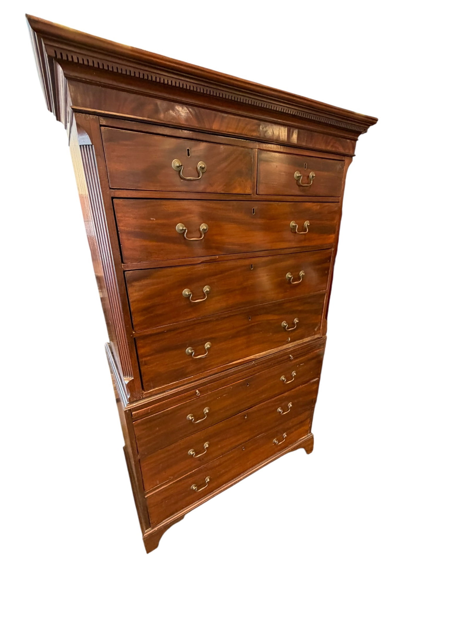 Mahogany 3 pc. Chest on Chest: This is an authentic George III mahogany chest-on-chest (also historically referred to as a tallboy), a classic piece of British storage furniture dating back to the late 18th century.Key