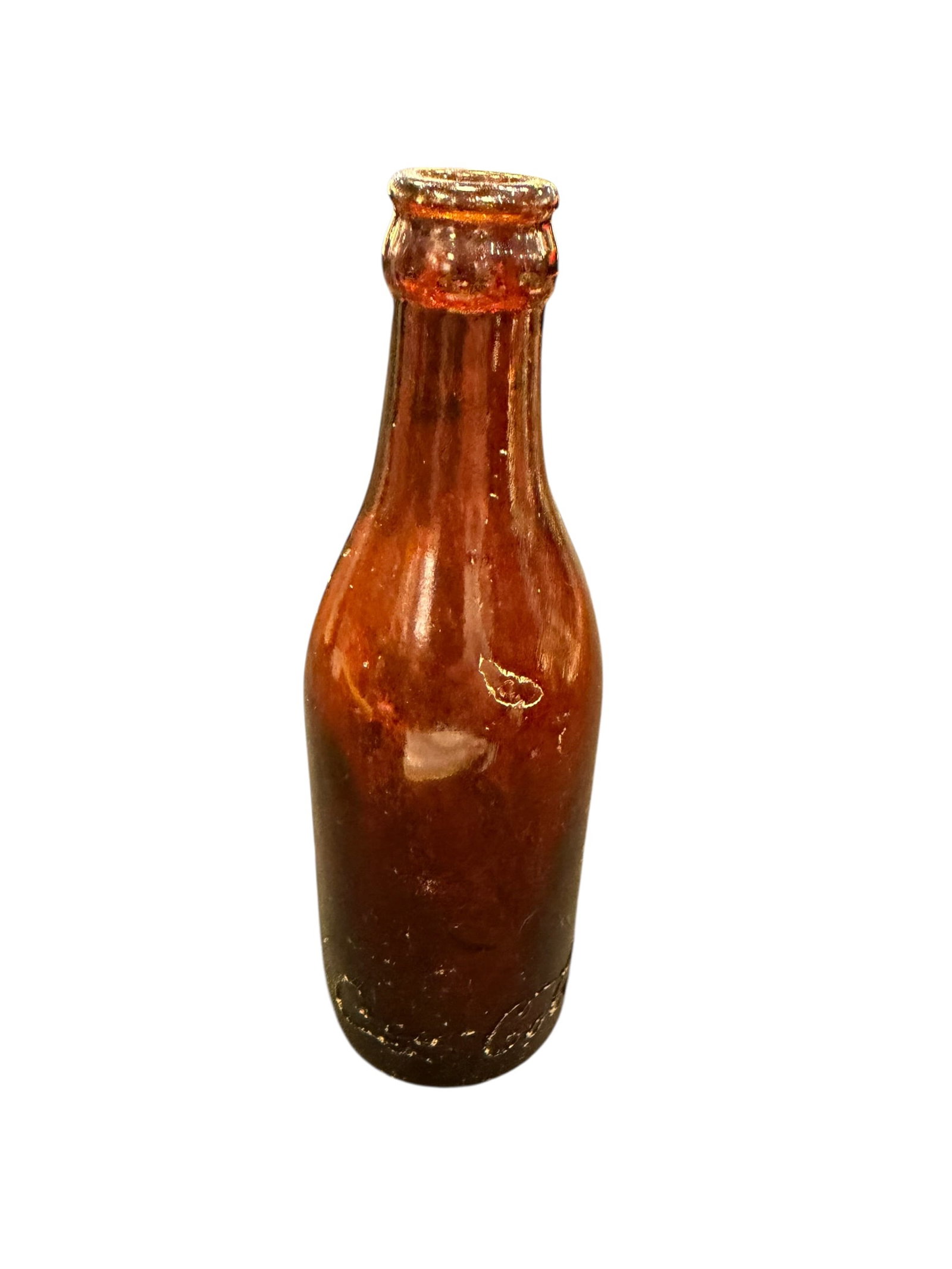 Antique Amber Glass Straight Side Coca Cola Bottle: This appears to be an antique, straight-side amber glass Coca-Cola bottle from the early 1900s, featuring an embossed script logo near the base. [1, 2]Bottles of this style were typically produced by