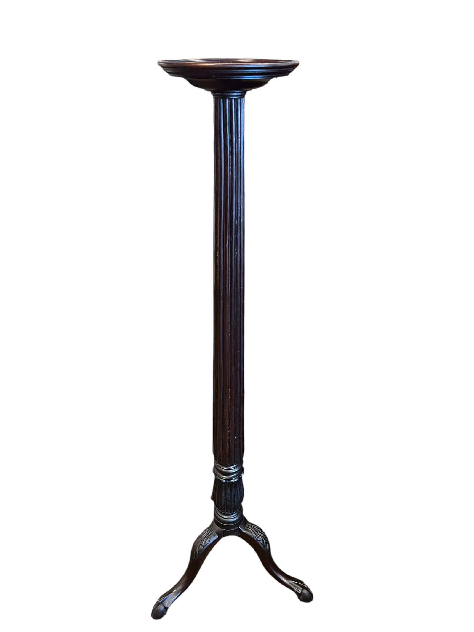 Mahogany Fern Stand: This item is an antique mahogany torchère stand, which historically functioned as a candle or lamp stand but is now frequently repurposed as a tall plant or sculpture pedestal. [1, 2]Notable Design