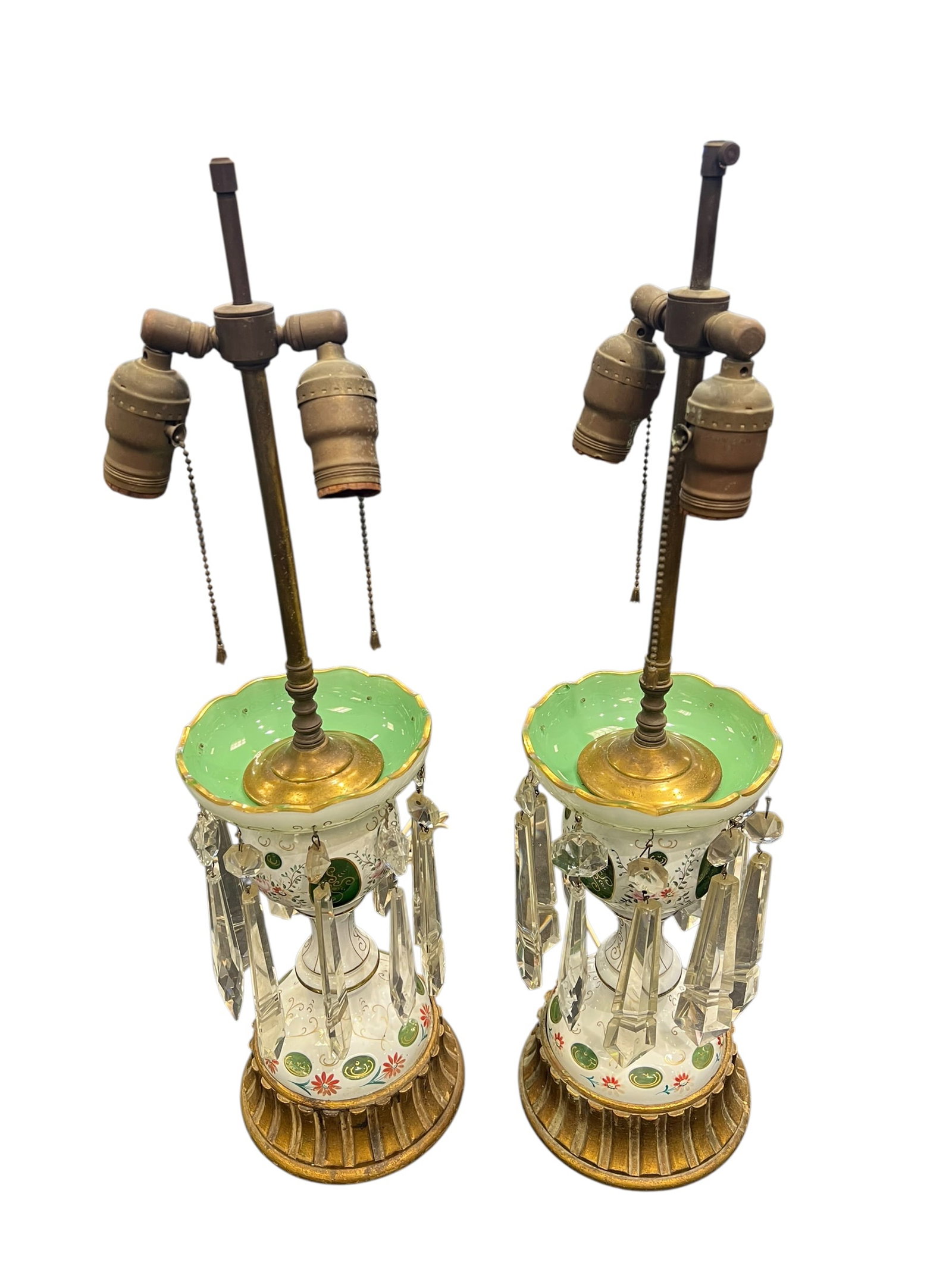 Pair of Luster Lamps: These pieces appear to be a pair of vintage Bohemian/Czech green-and-white cut-to-clear crystal glass mantle luster lamps, featuring hand-painted floral motifs and dangling prismatic crystals