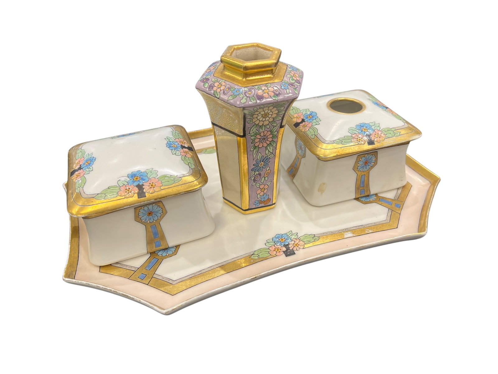 Grace Snell Porcelain Vanity Set: This is an antique porcelain desk or vanity set, beautifully styled in the Art Deco / Art Nouveau transitional period (typically circa 1910s–1920s). [1, 2, 3]The set features hand-painted floral