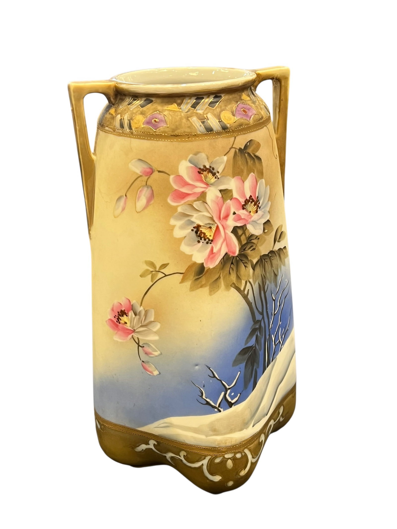 Handpainted Vase: This item is an antique Japanese Nippon porcelain vase dating back to the late 19th or early 20th century. [1, 2]Key CharacteristicsOrigin & Age: Made in Japan, typically exported during the Meiji or