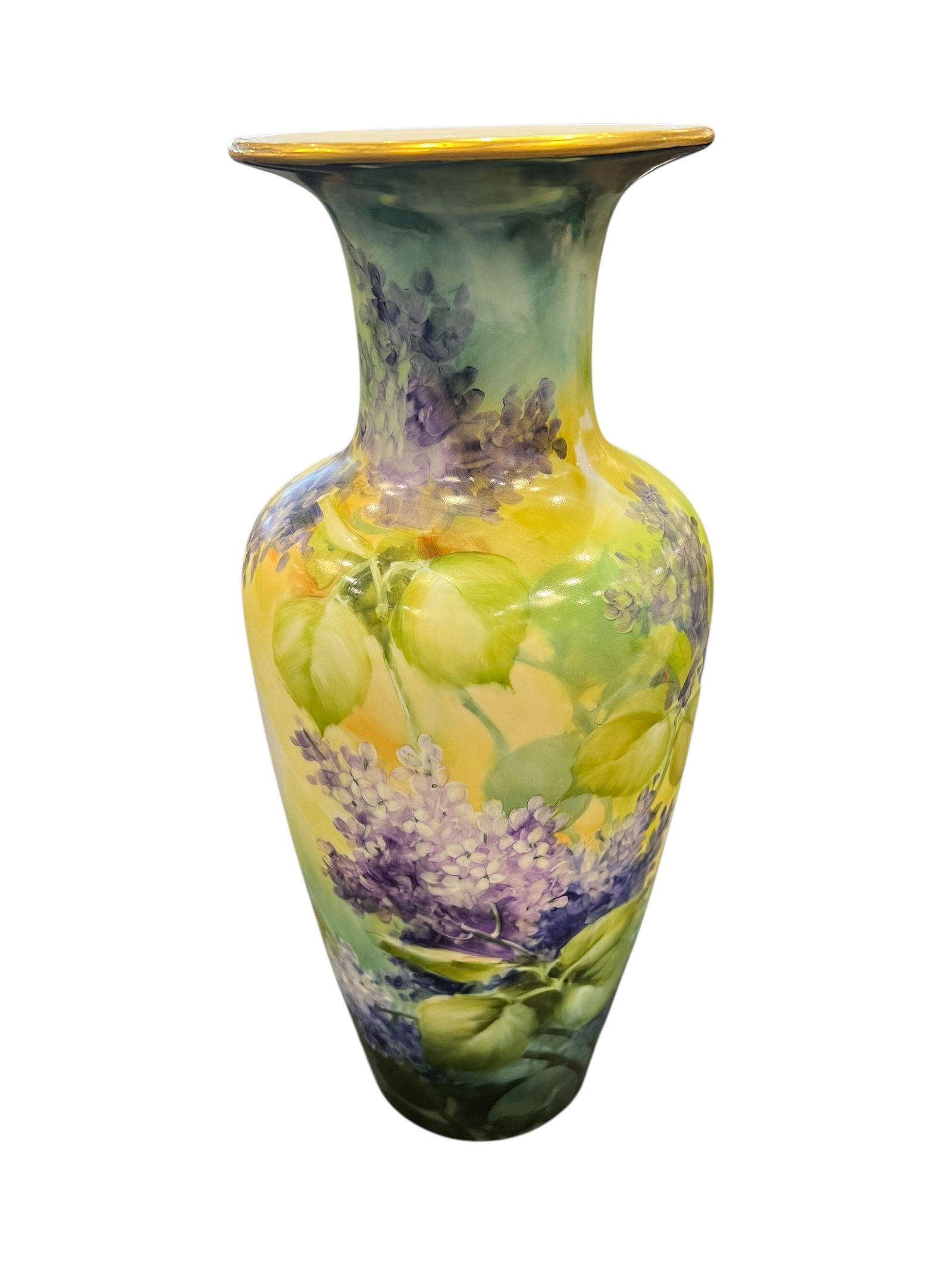 Art Nouveau Handpainted Vase: This item is an antique Art Nouveau hand-painted porcelain vase, featuring a vibrant, soft pastel yellow and green background adorned with detailed purple and white lilac clusters and a gilded gold