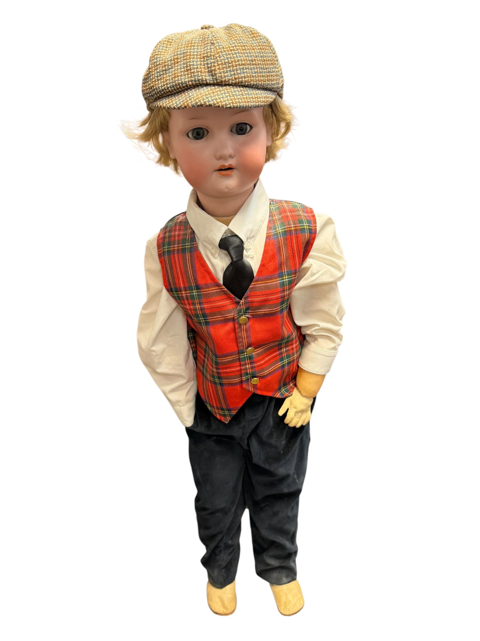 Antique Armand Marselle Germany 390 A15M Bisque Head Doll: vintage collectible boy doll styled in a traditional outfit.Key Characteristics:Attire: He is dressed in a red and green tartan plaid vest with gold-tone buttons, paired with a matching