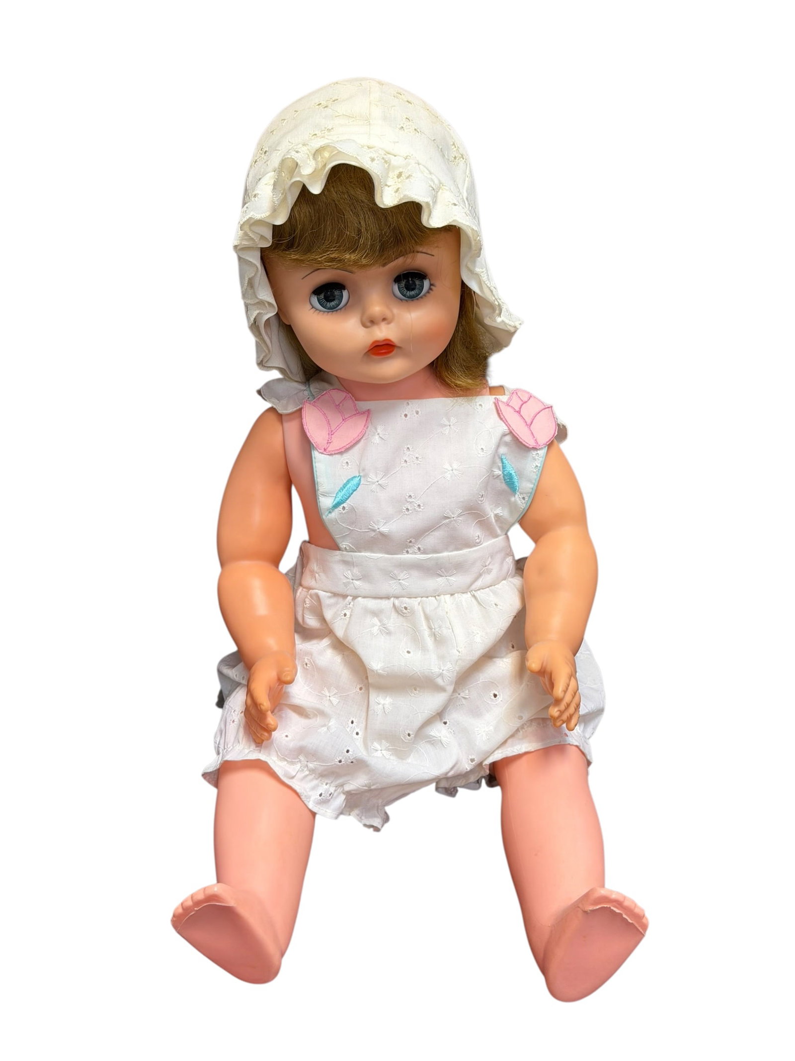 1950s/1960s American Character "Toodles" doll: This vintage item is a 1950s/1960s American Character "Toodles" doll. This particular variation features the brand's iconic "Follow-Me" (or Peek-A-Boo) sleep eyes, distinct molded details, and comes