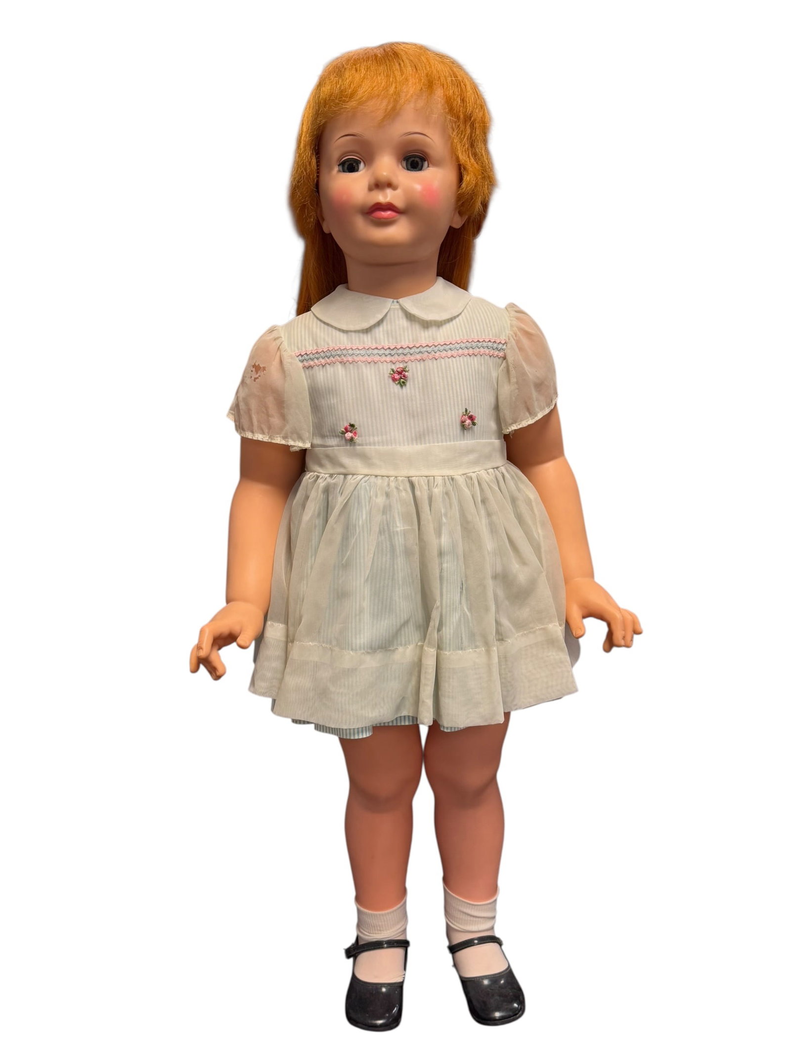 Ideal Patti Playpal Vinyl Doll: vintage Ideal Patti Playpal doll standing at roughly 35 inches tall. [1]Key DetailsManufacturer: Produced by the Ideal Toy Company starting in the late 1950s.Size: Designed to be the size and height