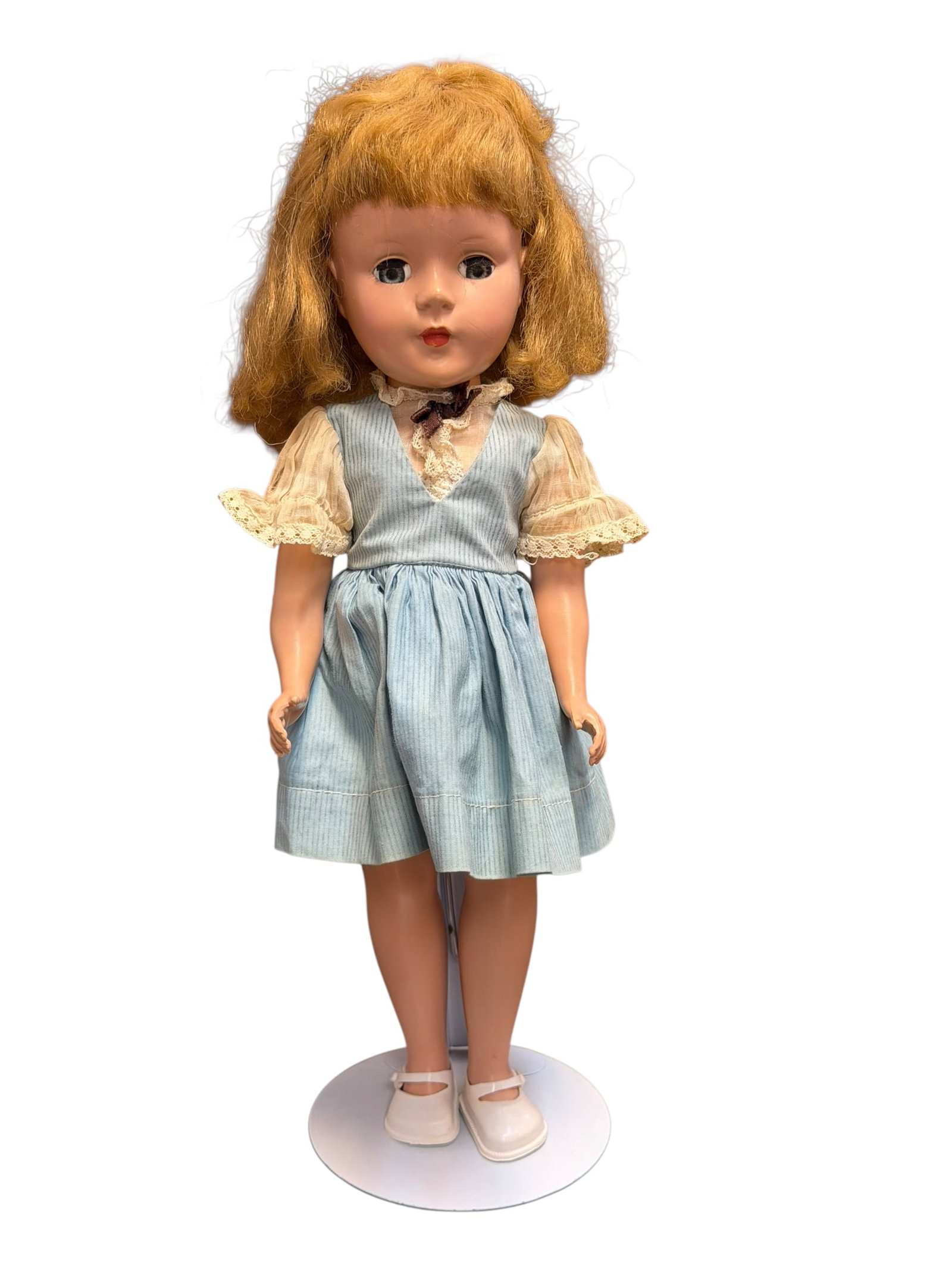 Vintage AC Sweet Sue Plastic Doll: vintage mid-20th-century hard plastic walking doll, resembling popular styles from the 1950s like those made by Effanbee or Ideal, featuring shoulder-length reddish-brown hair, sleep eyes, and a