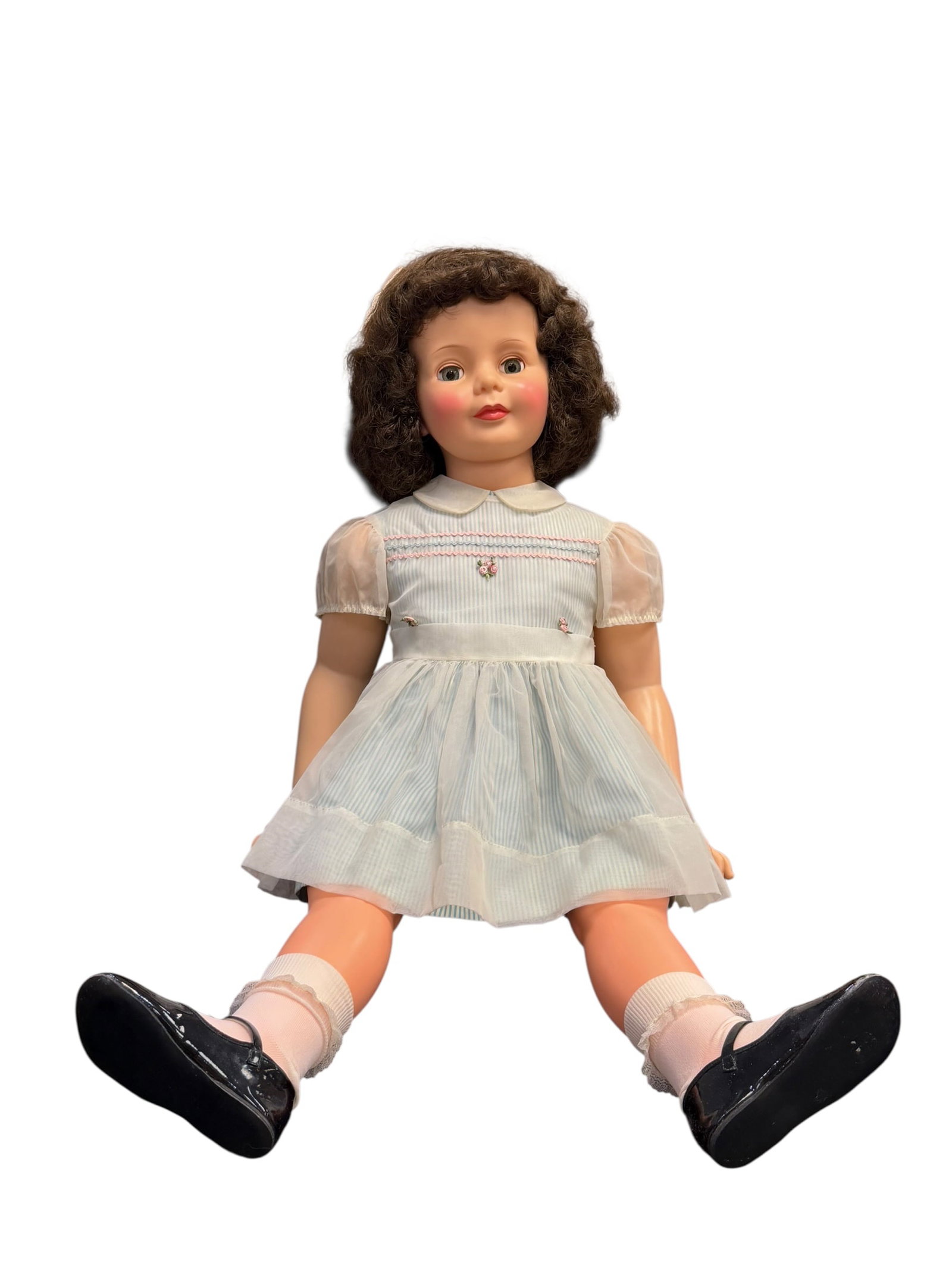 Ideal Patti Playpal Vinyl Doll with Blue Dress: This item is a vintage Ideal Patti Playpal doll, a highly collectible companion doll introduced by the Ideal Toy Company in 1959. [1]Designed to be the size of a typical three-year-old child, these
