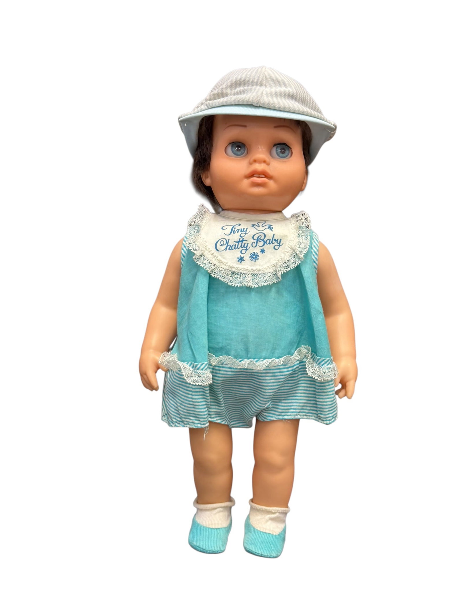 1960’s Mattel Tiny Chatty Brother Baby Doll: This is a vintage Tiny Chatty Baby doll, manufactured by Mattel in the 1960s. [1, 2]Introduced in 1962 as the "little sister" to the iconic Chatty Cathy doll, Tiny Chatty Baby stands approximately 15
