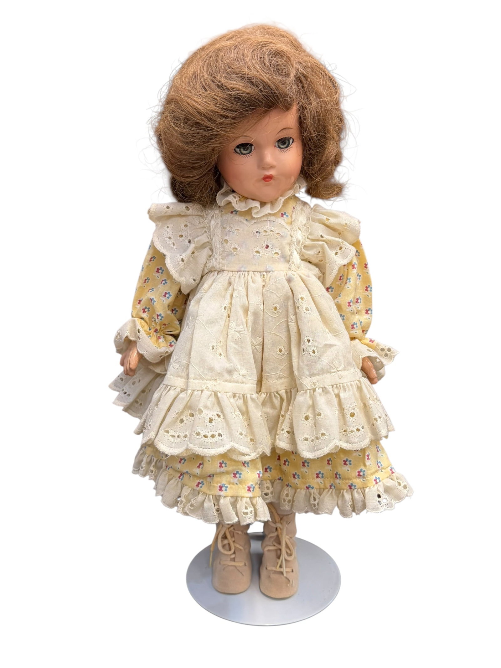 Effanbee & Shirley Composite Head Doll: vintage 1970s Ideal Tiffany Taylor fashion doll, measuring approximately 18 to 19 inches tall. [1, 2]Doll DetailsManufacturer: Ideal Toy Company [1, 2]Era: Mid-1970s (first introduced around