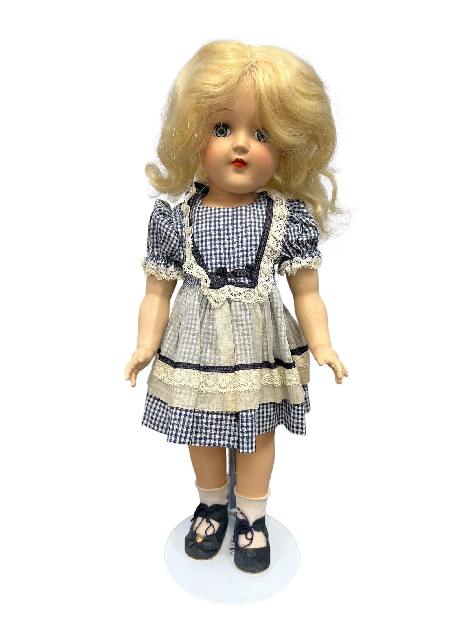 Vintage Ideal Vinyl Doll: vintage Madame Alexander "Alice in Wonderland" composition doll. Introduced around the late 1930s to 1940s, this specific version utilizes the popular Wendy-Ann face mold. It features distinct