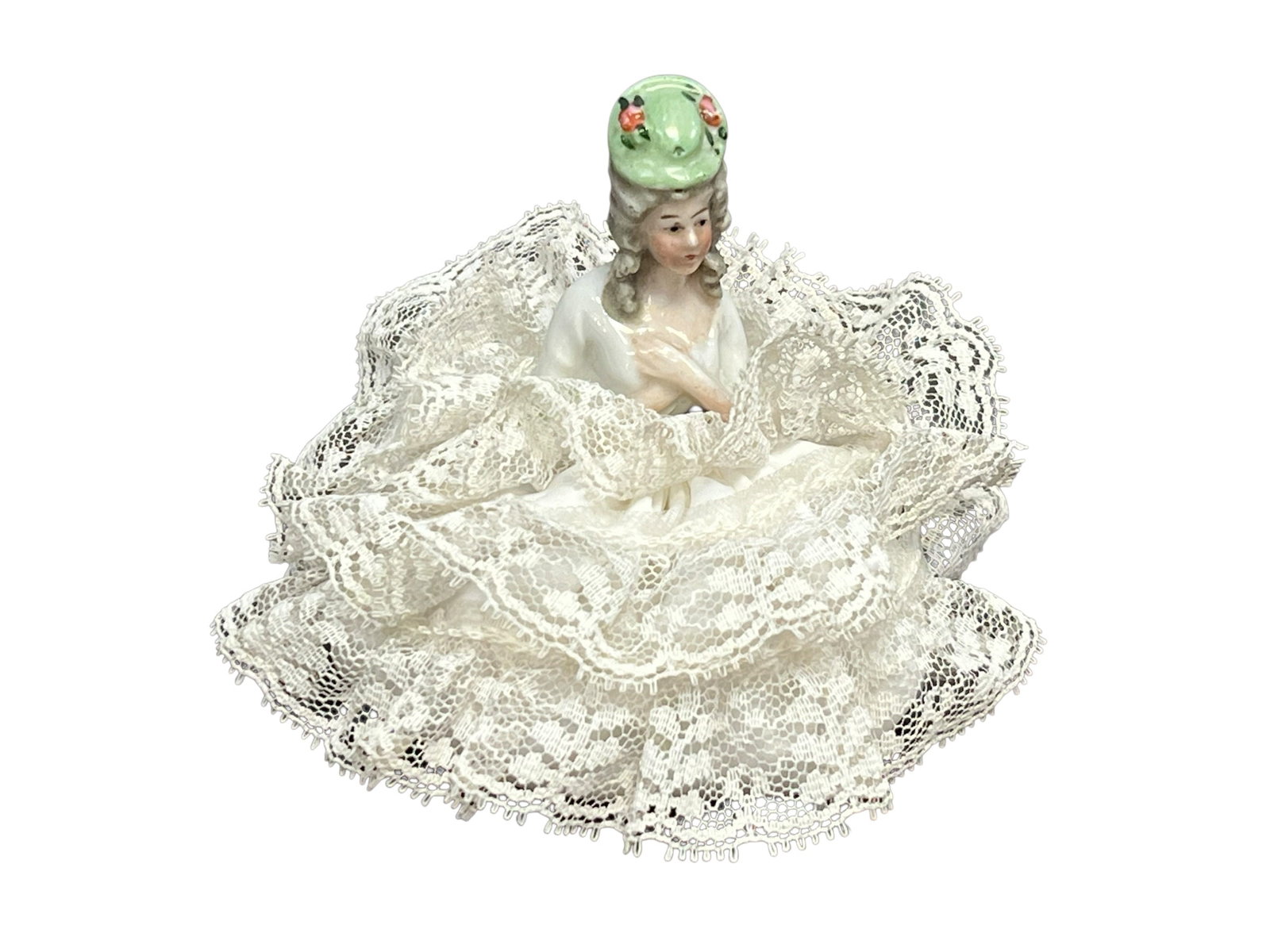 Germany 5576 Porcelain Head Doll: vintage German Dresden-style porcelain lace figurine. [1]About Dresden Lace FigurinesThe Technique: These pieces are famous for their incredibly detailed "porcelain lace" skirts. Decorators created th