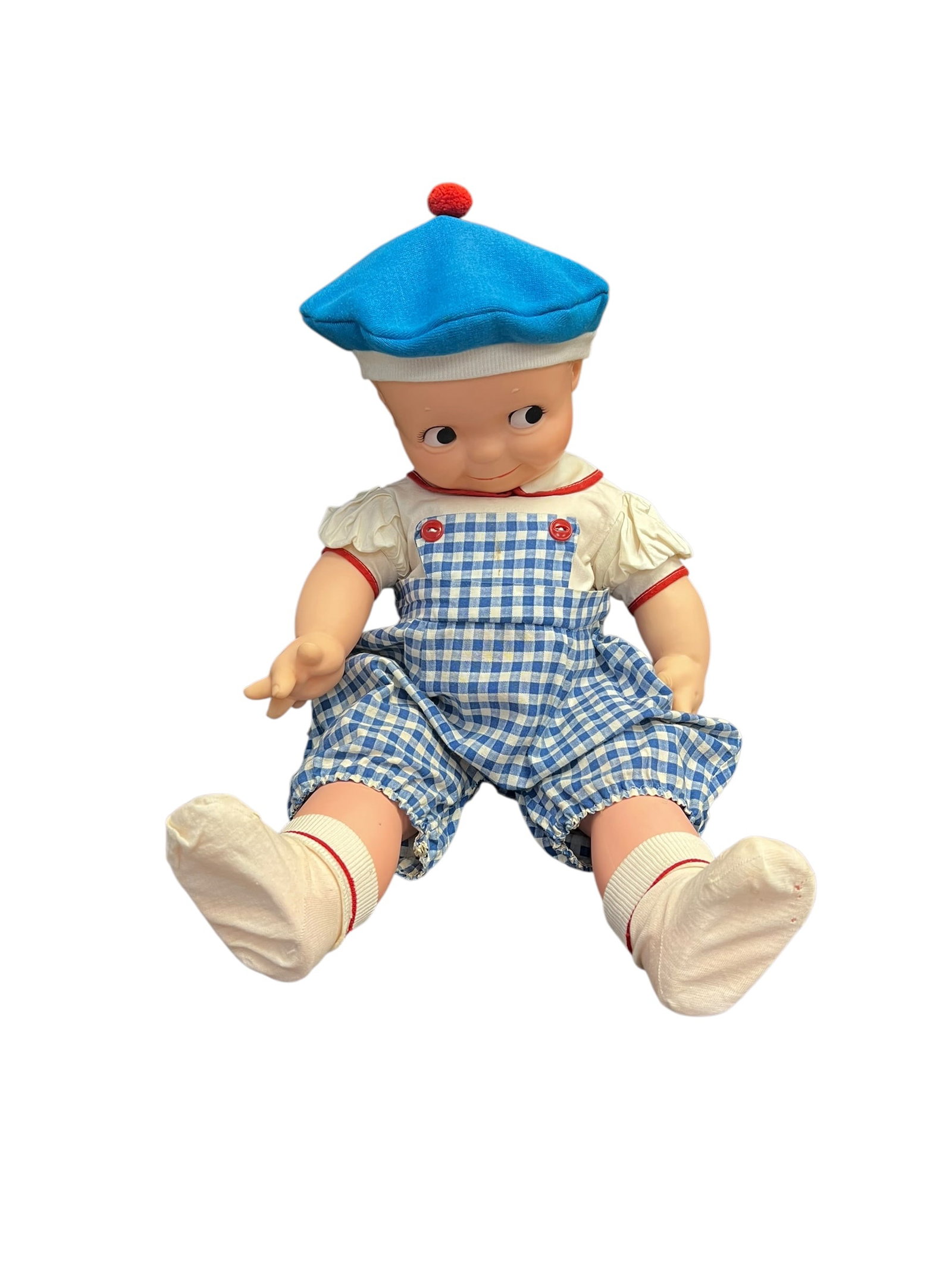 Cameo 1965 Doll: The image shows a collectible vinyl boy doll that appears to resemble a vintage Campbell's Kids replica doll (such as those produced by the Horsman Doll Company in the late 1990s), featuring a blue