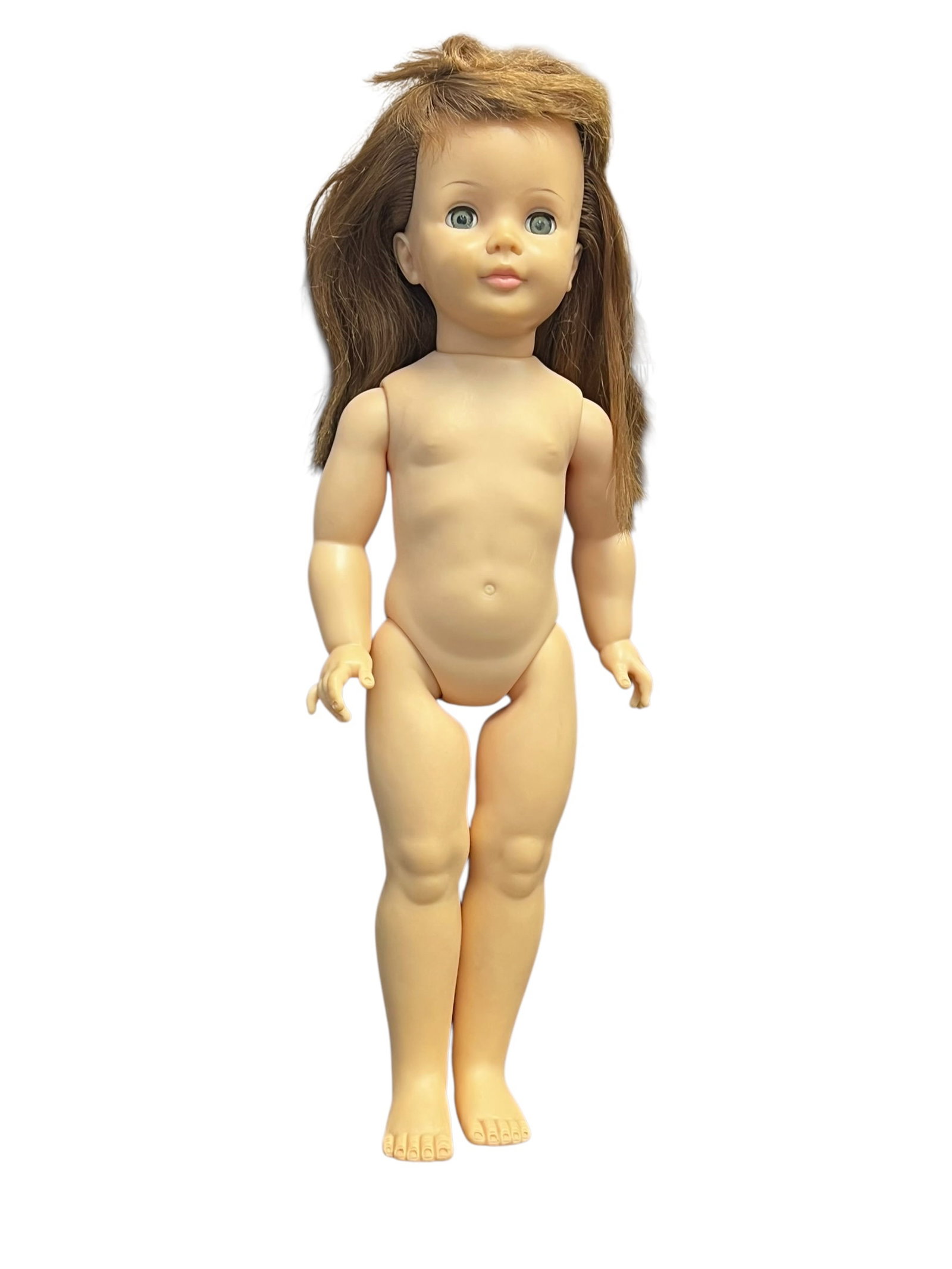 Ideal Vinyl Doll: This image shows a vintage vinyl fashion doll that appears to be an Ideal Tammy doll or a similar mid-century teenage fashion doll from the 1960s. [1]Type: Vinyl fashion or teen dollFeatures: Rooted