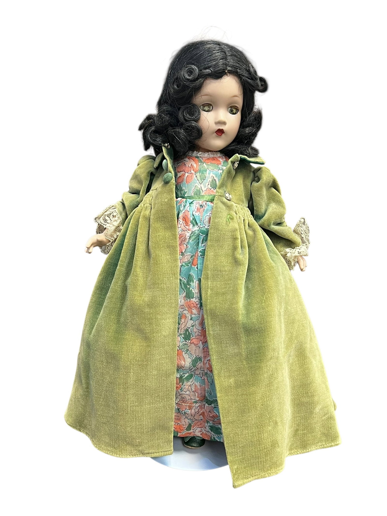 Madame Alexander “Scarlett Ohara?? Doll: vintage Madame Alexander Scarlett O'Hara composition doll from the 1930s or 1940s. [1, 2]Doll Type: Crafted from composition material with painted facial features and sleep eyes.Outfit: Features a