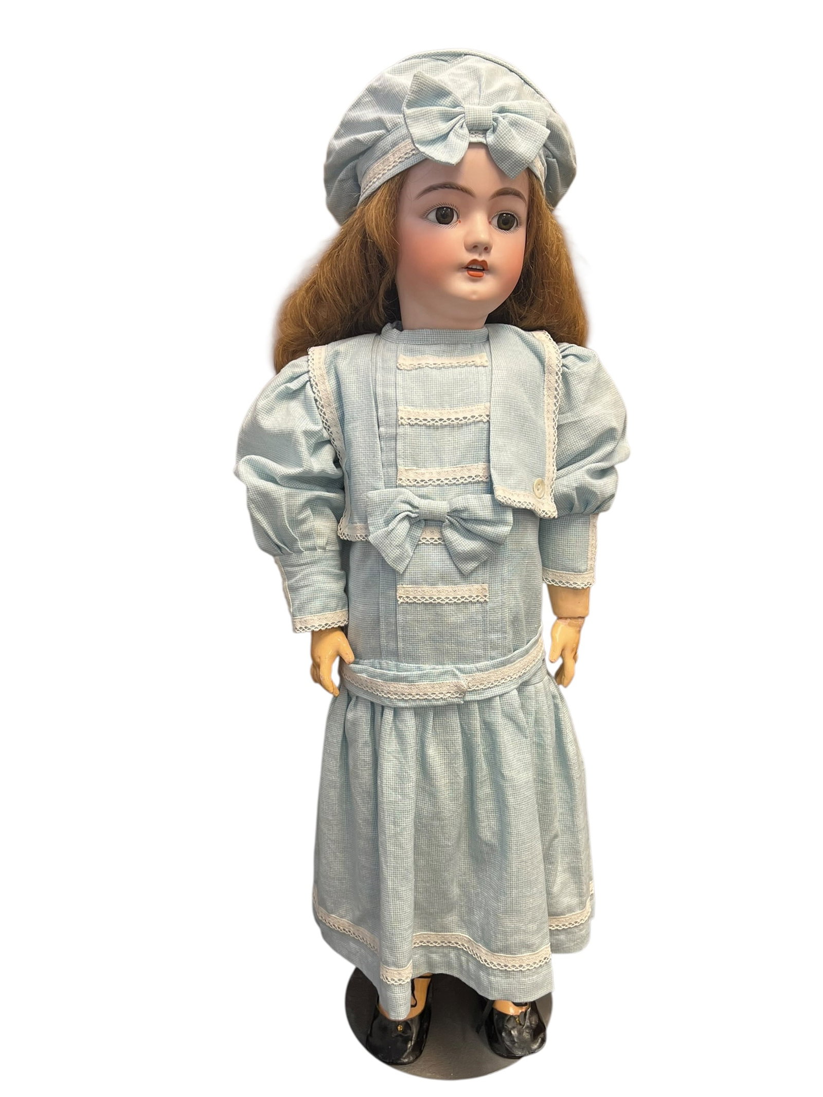 S&H DEP Bisque Head Doll: This image shows a beautifully preserved antique bisque head doll, most likely originating from a late 19th or early 20th-century maker like Simon & Halbig or Armand Marseille. The doll features