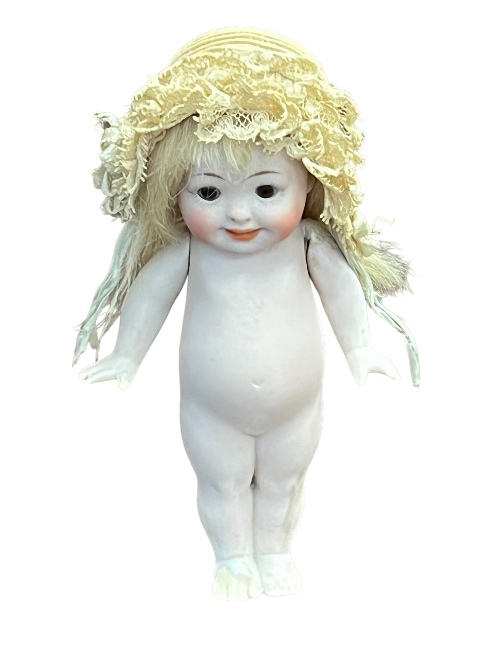 Antique Bisque Porcelain Doll: antique all-bisque jointed doll wearing a detailed, ruffled lace bonnet. [1]Key FeaturesMaterial: Crafted from unglazed bisque porcelain with a smooth, matte finish.Limbs: Features moveable, jointed