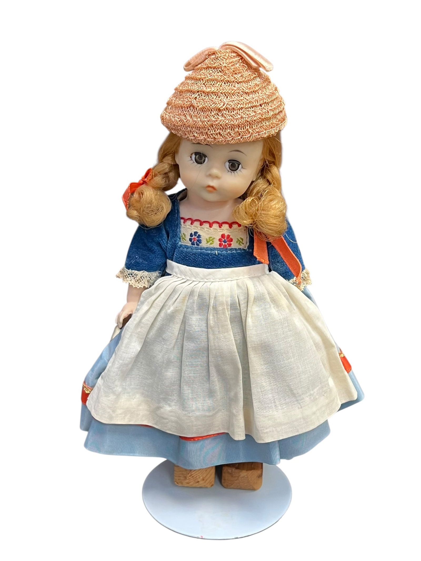 Madame Alexander Dutch Doll: This appears to be a vintage 8-inch Madame Alexander International Series doll, specifically the Netherlands/Dutch Girl (Model 791), featuring blonde braided pigtails, a traditional costume with a