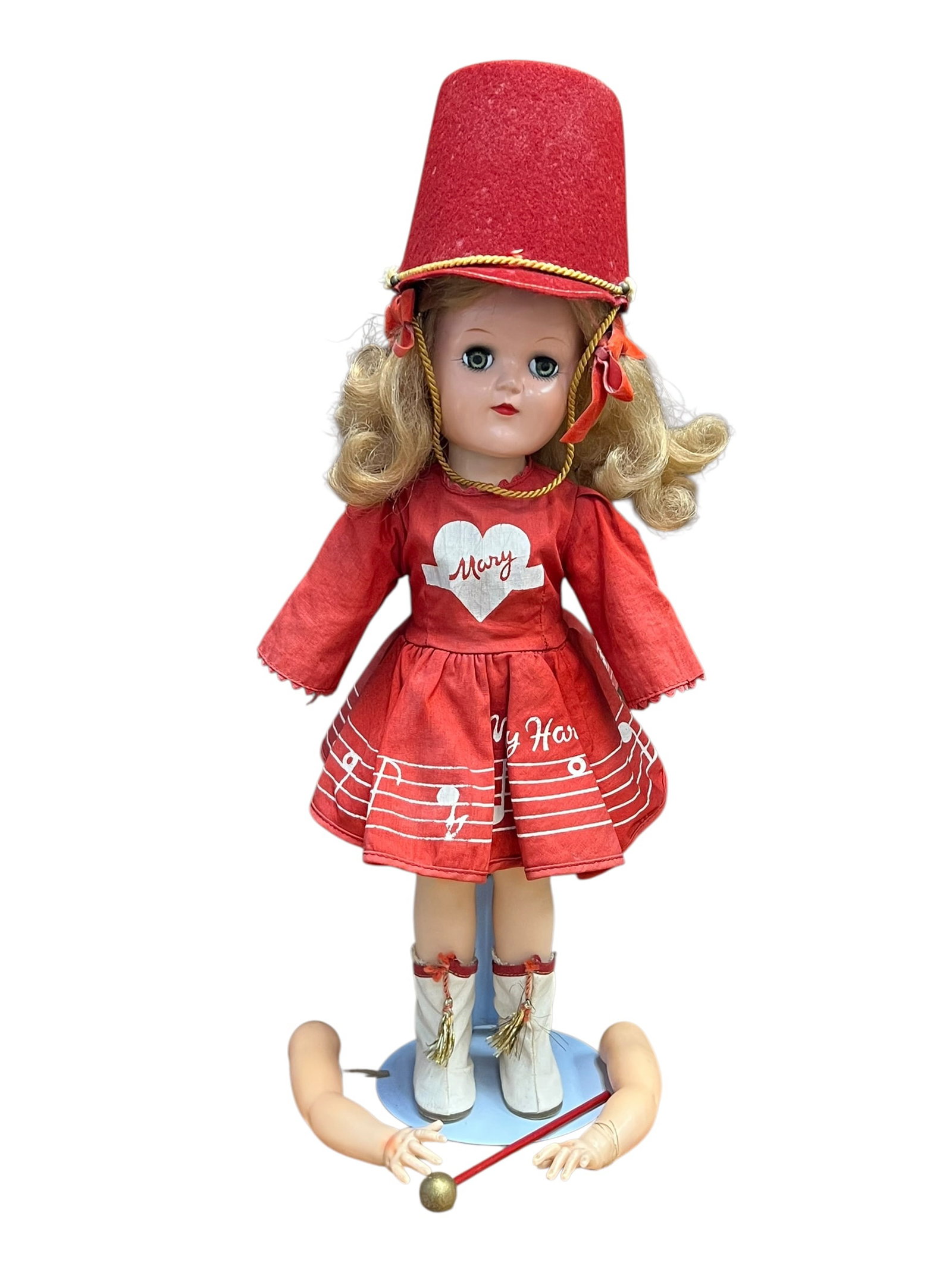 Ideal Plastic Doll: vintage 1950s Ideal P-91 Mary Hartline hard plastic doll dressed in an original red majorette marching costume. [1, 2]The doll is based on Mary Hartline, the famous bandleader and star of the