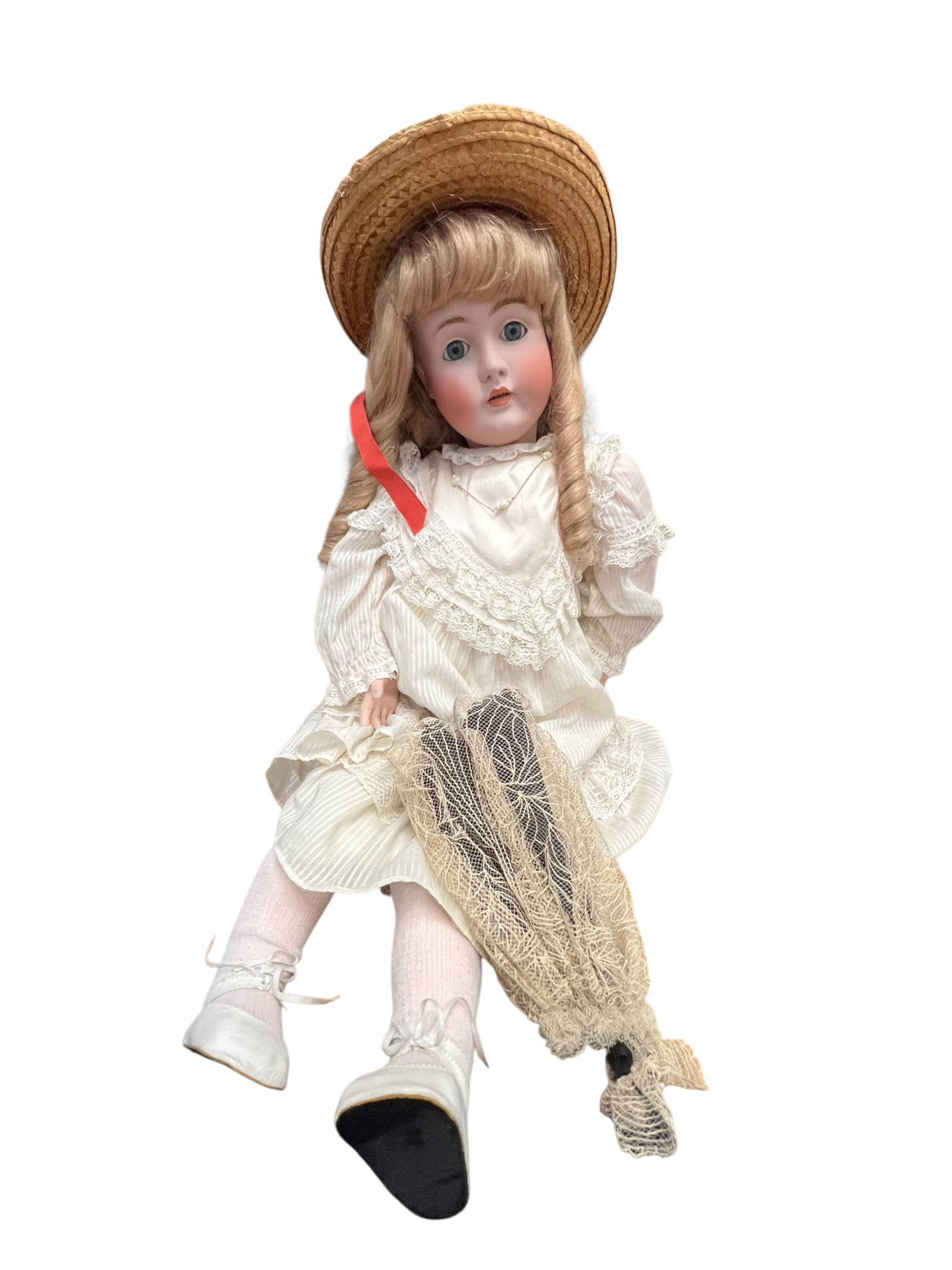 Germany Bisque Head Doll: This is a stunning antique bisque socket-head doll, most likely produced in Germany during the late 19th or early 20th century (circa 1890–1915). Given her expressive features, feathered eyebrows,