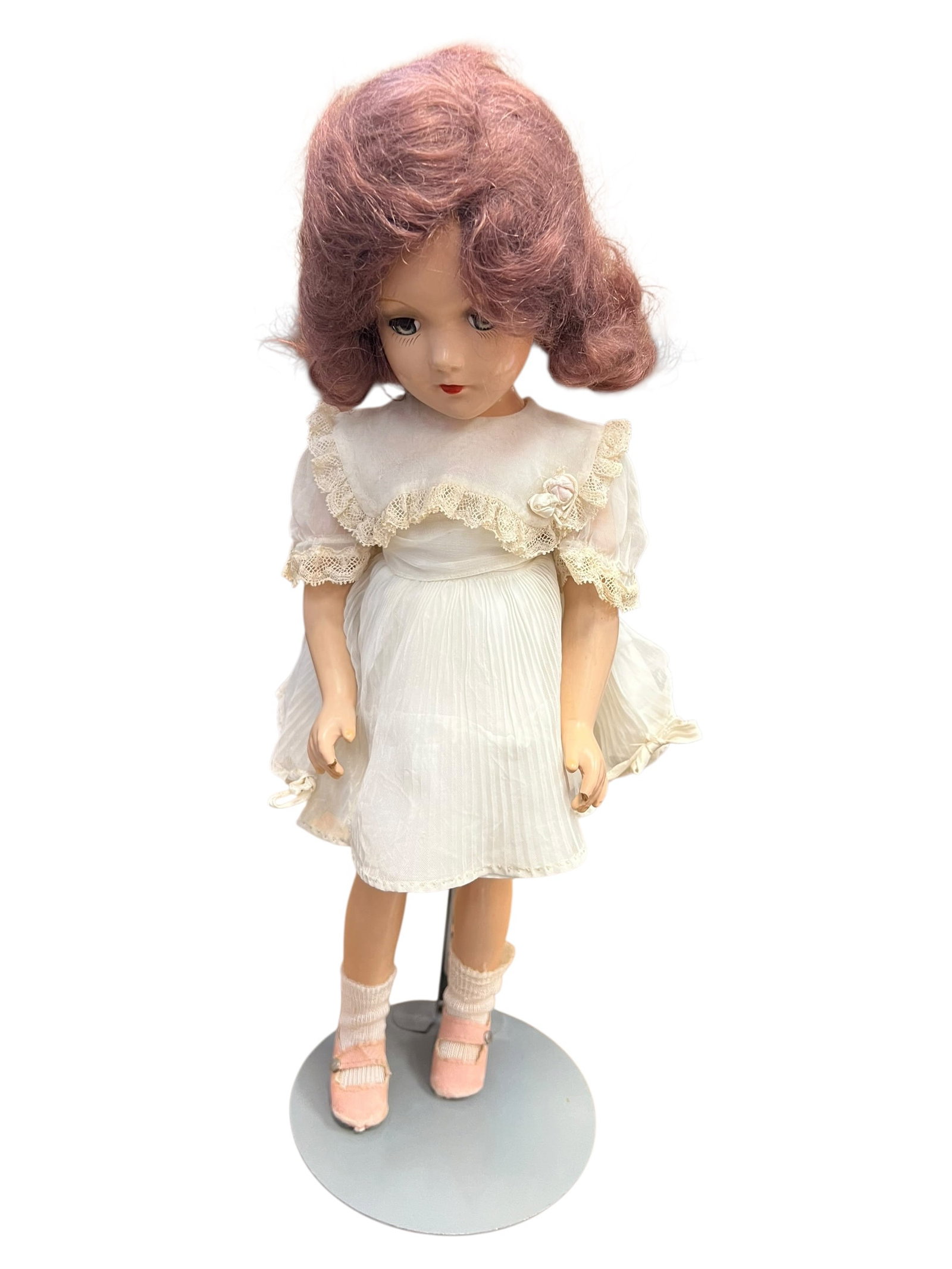 Eugenia Doll Co. Composite Doll: This appears to be a vintage hard plastic doll from the mid-20th century, closely resembling styles produced by makers like Madame Alexander (such as a Margaret or Windy Ann face mold) or Effanbee.