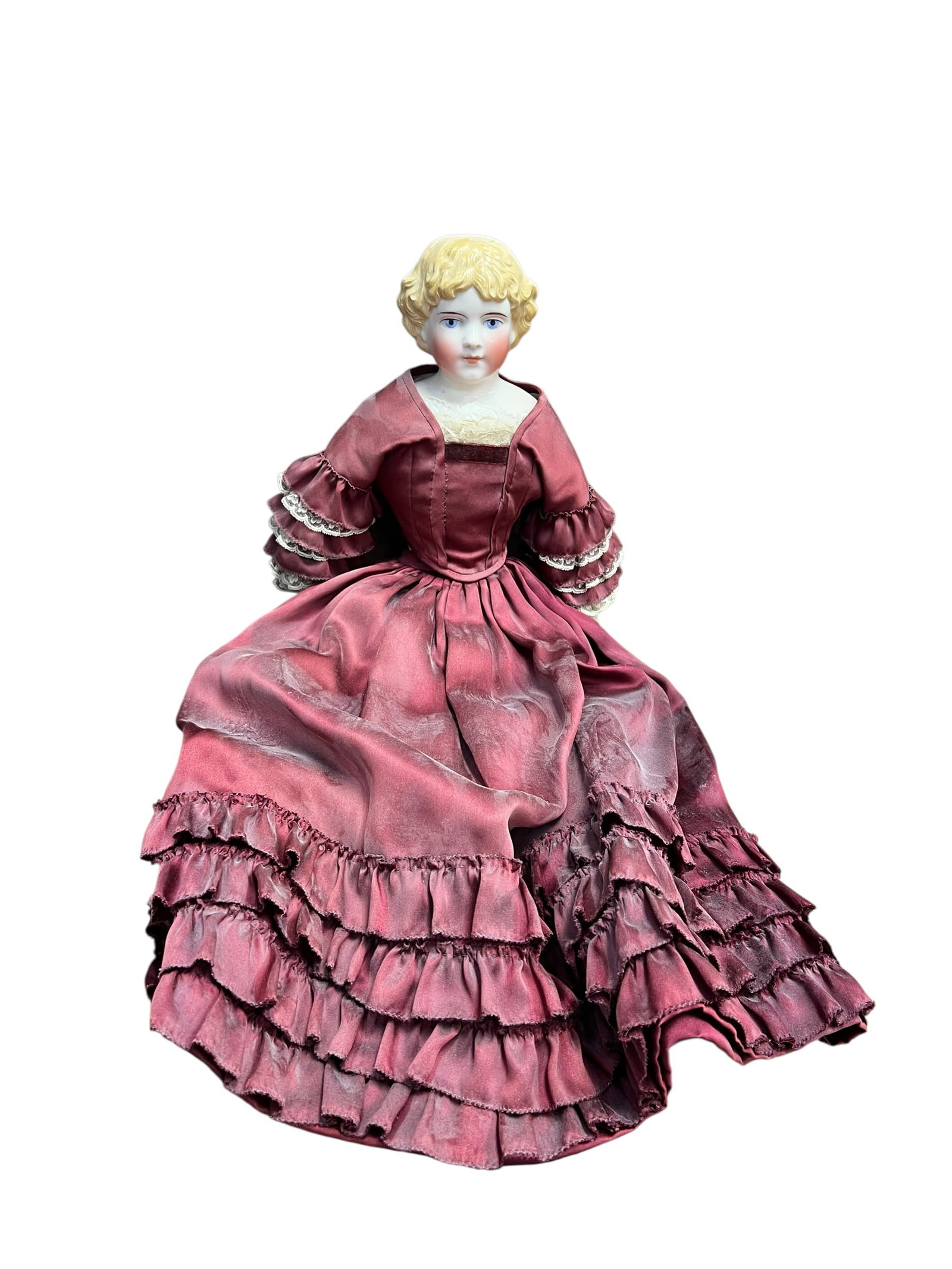 China Head Doll: This appears to be a vintage composition doll, resembling an Effanbee Anne Shirley or a similar 1940s celebrity composition doll, featuring painted facial details, sleep eyes, a blonde wig, a straw