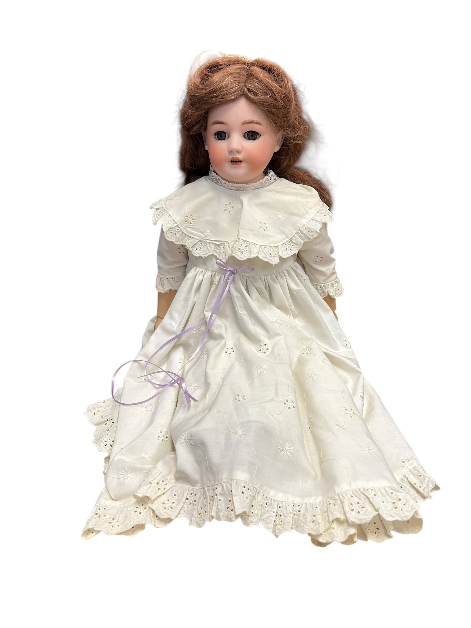 S&H 1260 DEP Germany Porcelain Doll: antique German bisque socket-head doll, likely dating from the late 19th or early 20th century. It features a porcelain head with hand-painted facial details, realistic glass inset eyes, an open