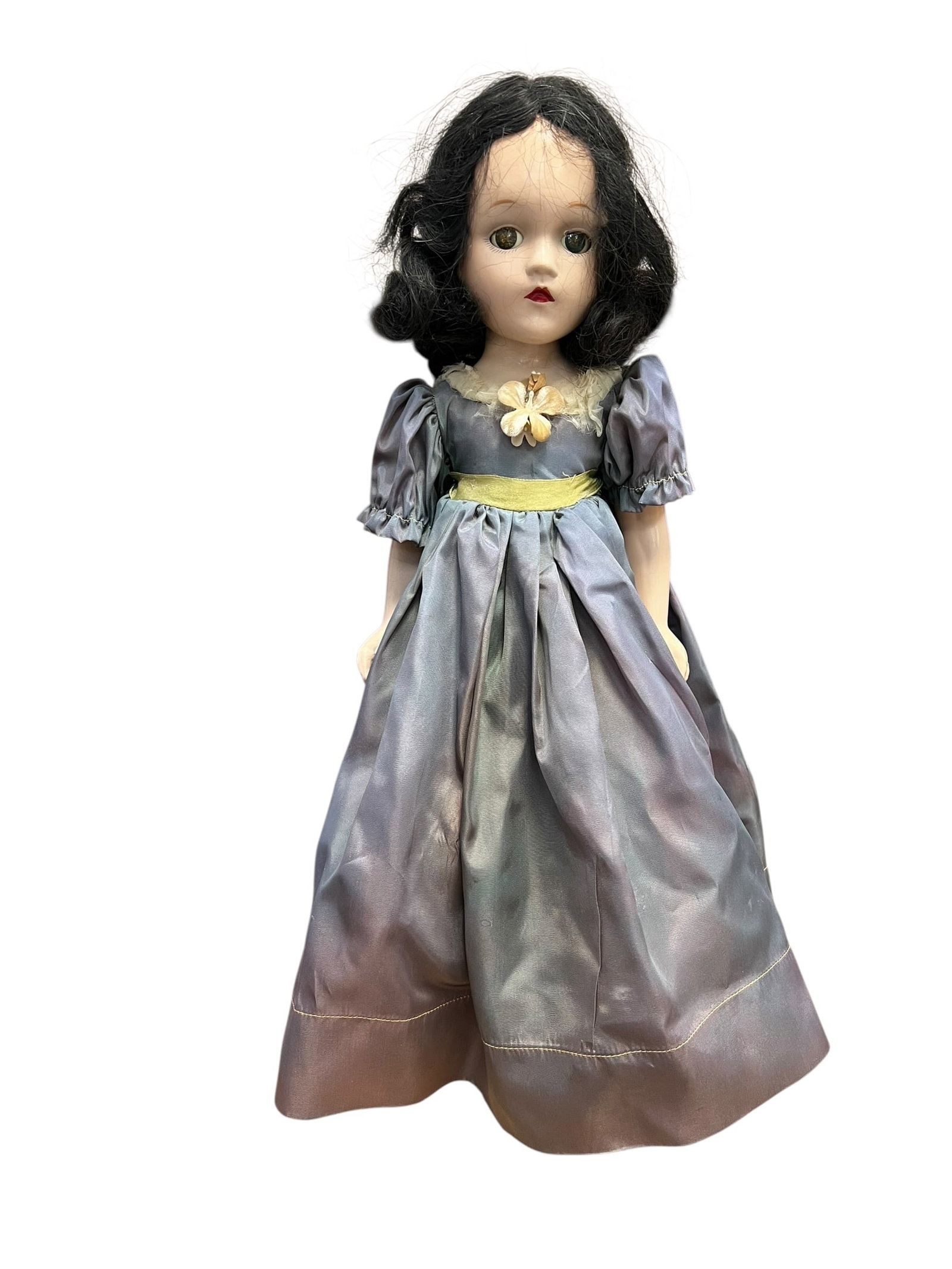 Madame Alexander “Scarlett O’hara?? Doll: vintage composition doll, resembling a Madame Alexander creation from the 1930s or 1940s like a Scarlett O'Hara or similar character style, featuring dark curly hair and a iridescent gray-purple