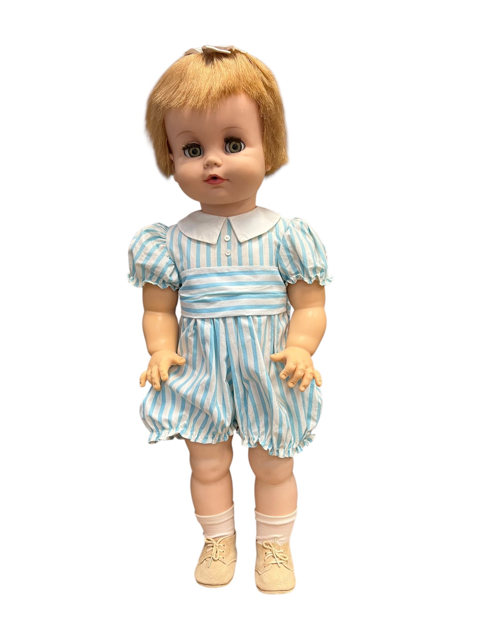 Madame Alexander “Timothy?? Vinyl Doll: vintage Madame Alexander "Timmie Toddler" doll from the 1960s, featuring short strawberry blonde/auburn hair, sleep/flirty eyes, and wearing a blue-and-white striped romper outfit with a white collar