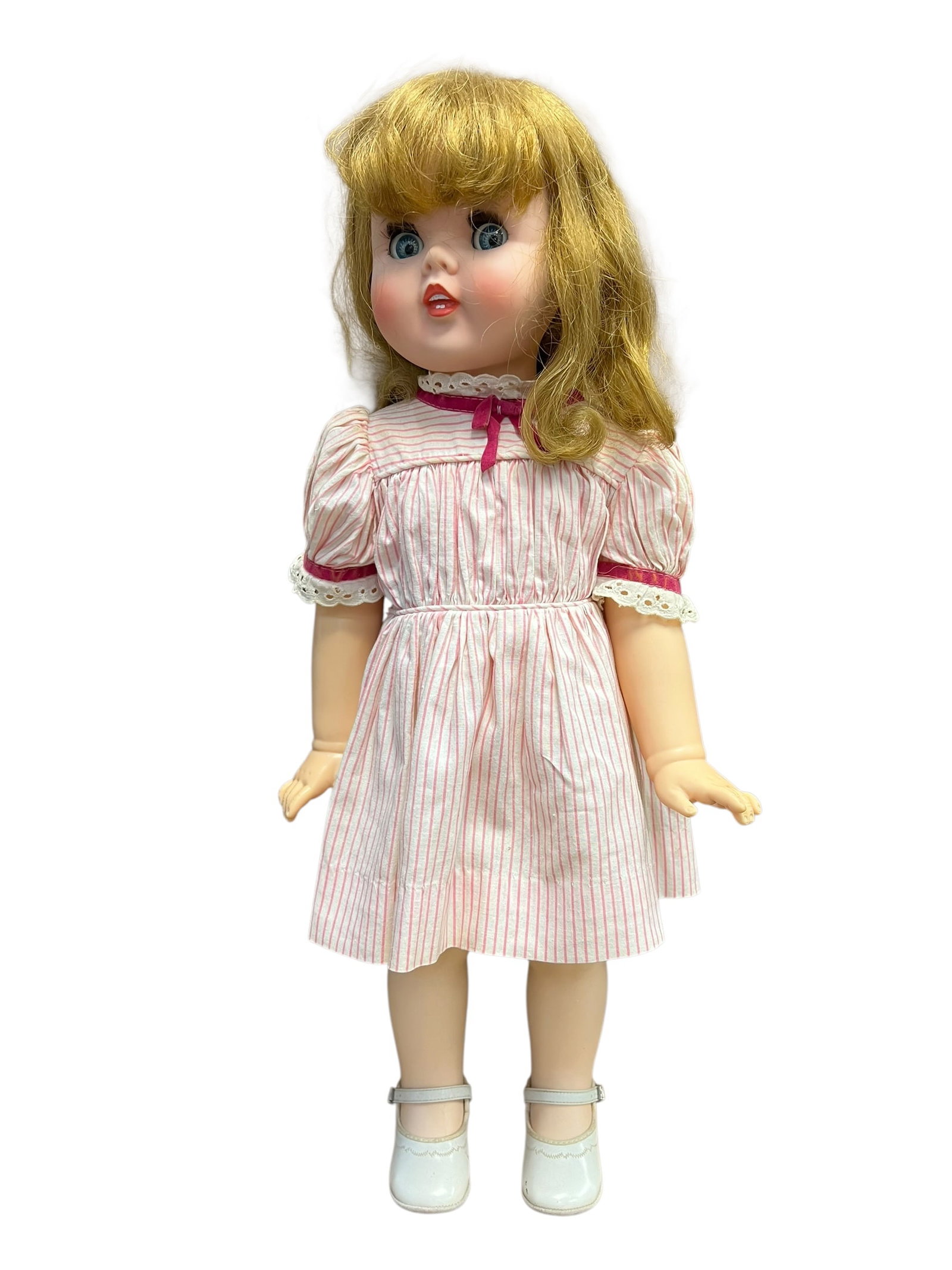 American Doll & Toy Corp Vinyl Doll: This image appears to show a vintage mid-century fashion doll, reminiscent of 1950s or 1960s collectible dolls like those produced by Madame Alexander or Ideal, wearing a matching robin's-egg blue