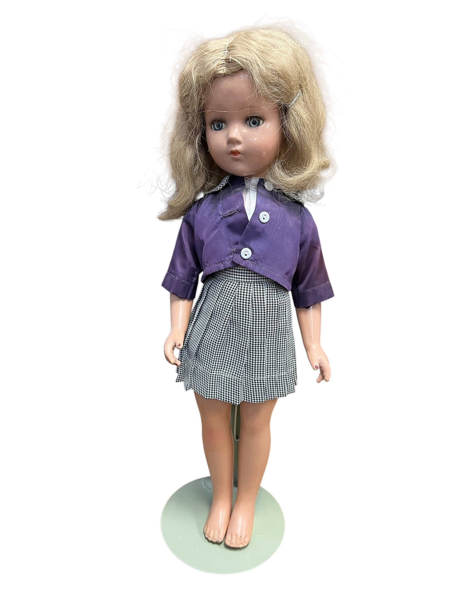 vintage hard plastic walker doll: vintage hard plastic walker doll, which looks highly consistent with mid-20th century Italian imports like those made by Bonomi or Italocremona, as well as American companies like Effanbee or