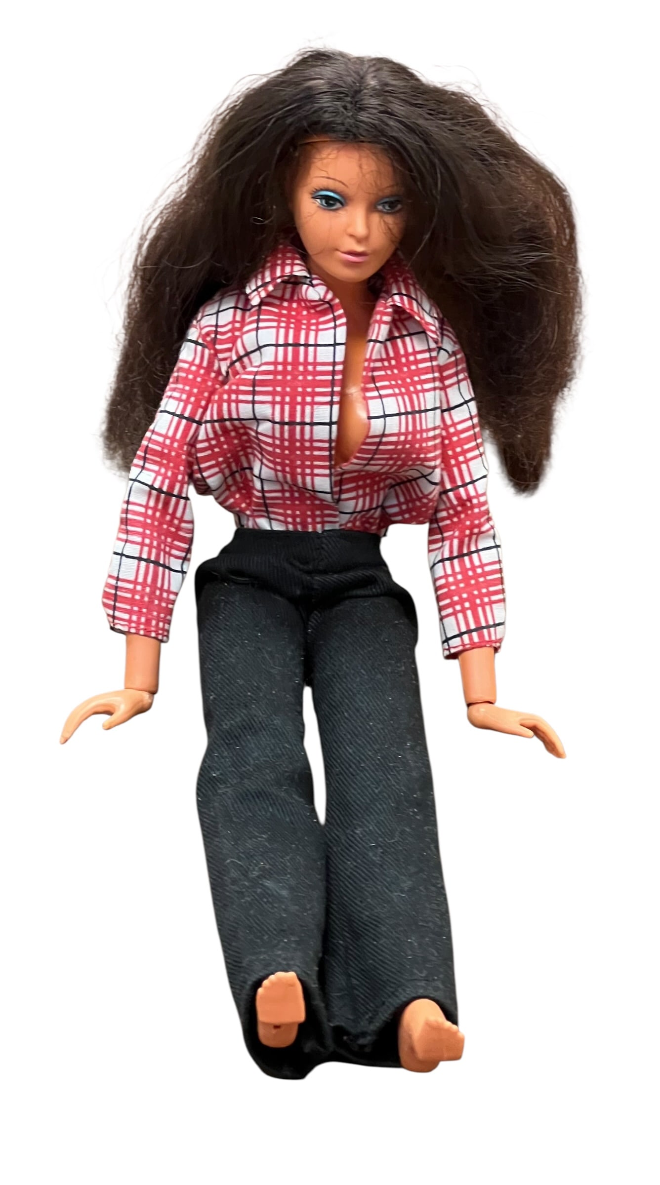Vintage 1975 Ideal “Tiffany Taylor?? Fashion Doll – Brunette, Plaid Blouse & Slacks: Vintage Ideal Tiffany Taylor fashion doll, dating to 1975, with original manufacturer markings visible on the body. This large fashion doll features a brunette rooted-hair wig, blue/gray painted eyes 