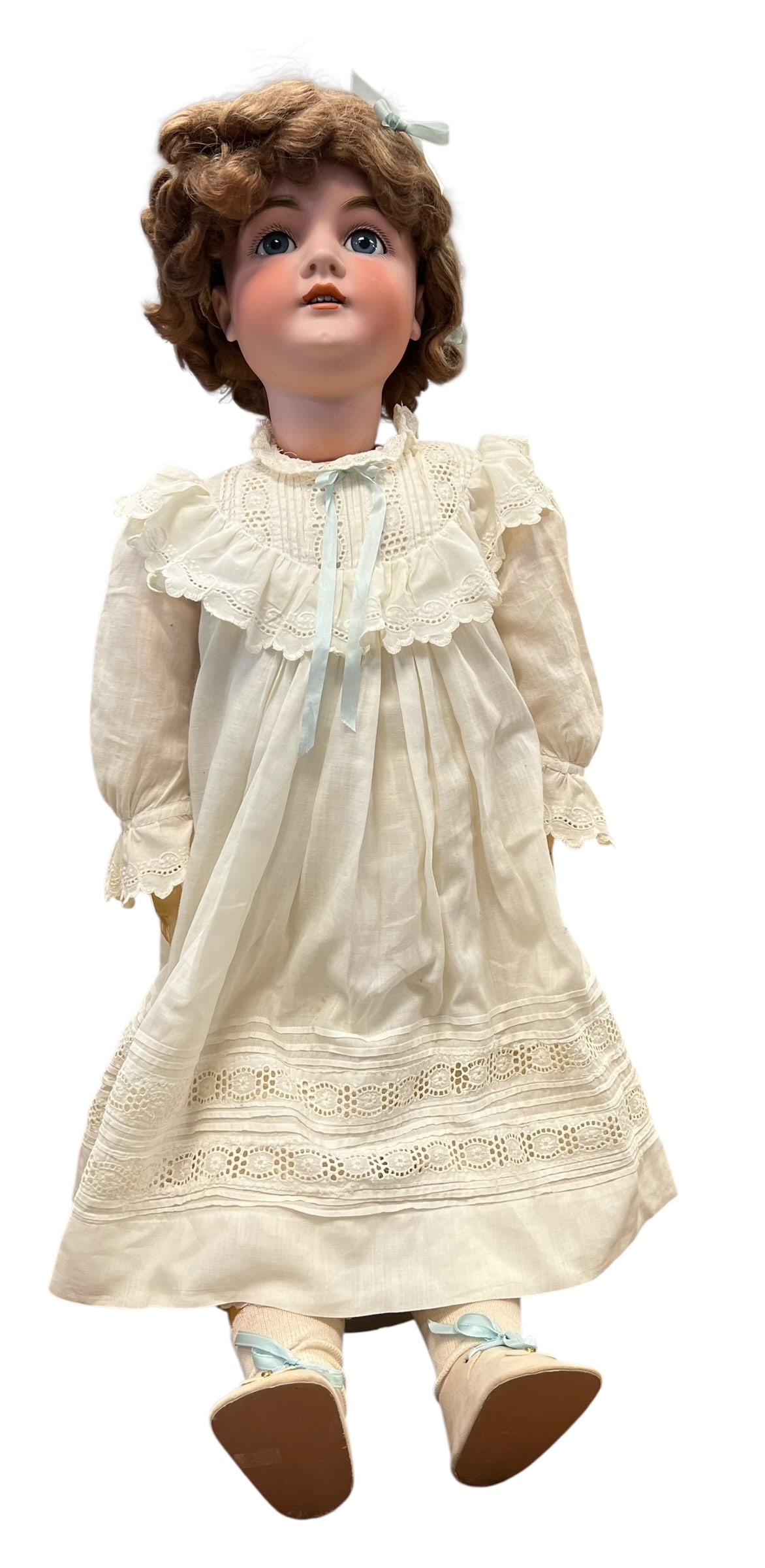 Antique German Bisque Head Doll – Mold 164 – Blue Sleep Eyes, Mohair Wig & White Eyelet Dress (1 of 4)