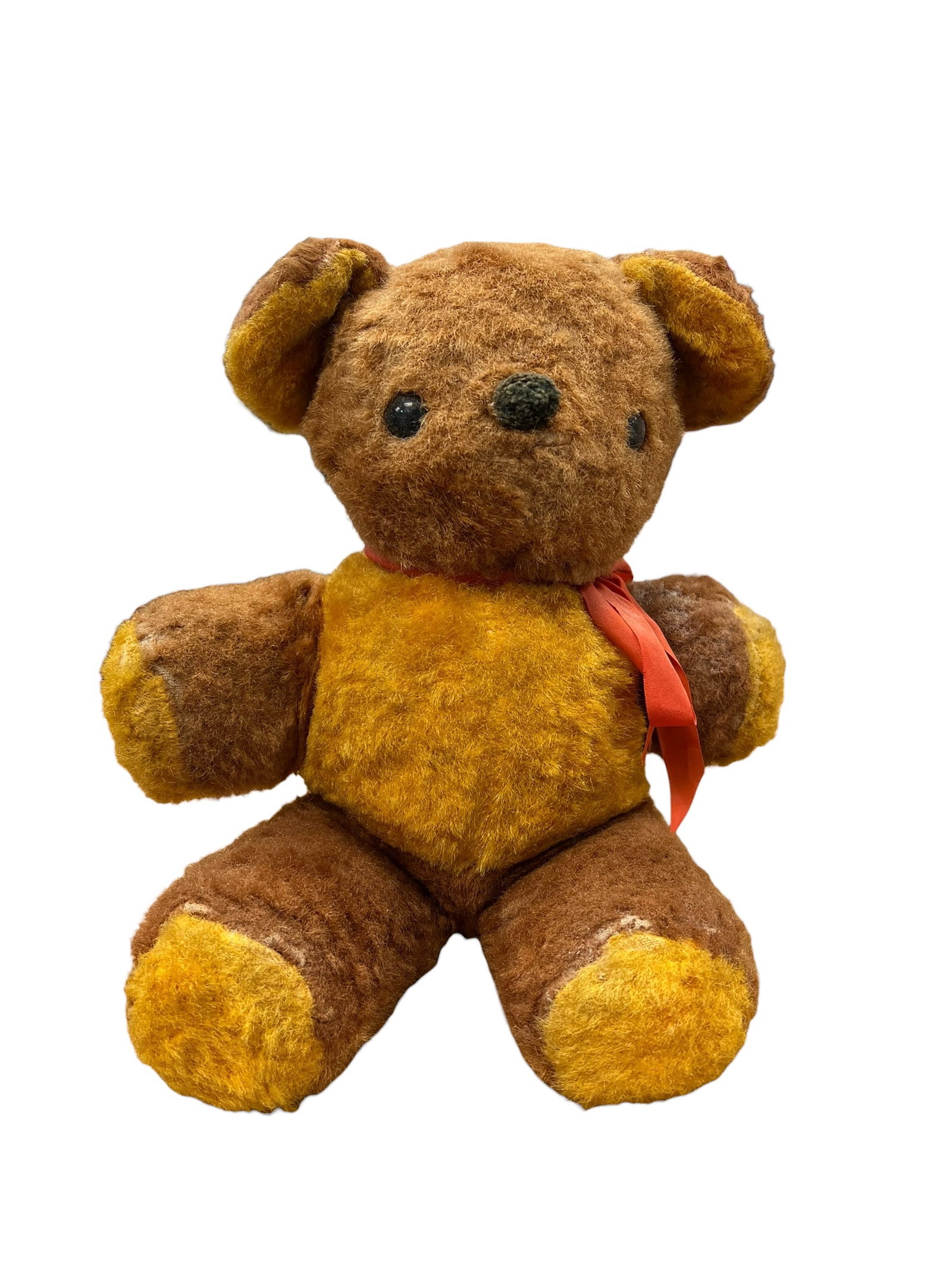 Vintage Two-Tone Mohair-Style Teddy Bear with Glass Eyes & Red Ribbon (1 of 3)