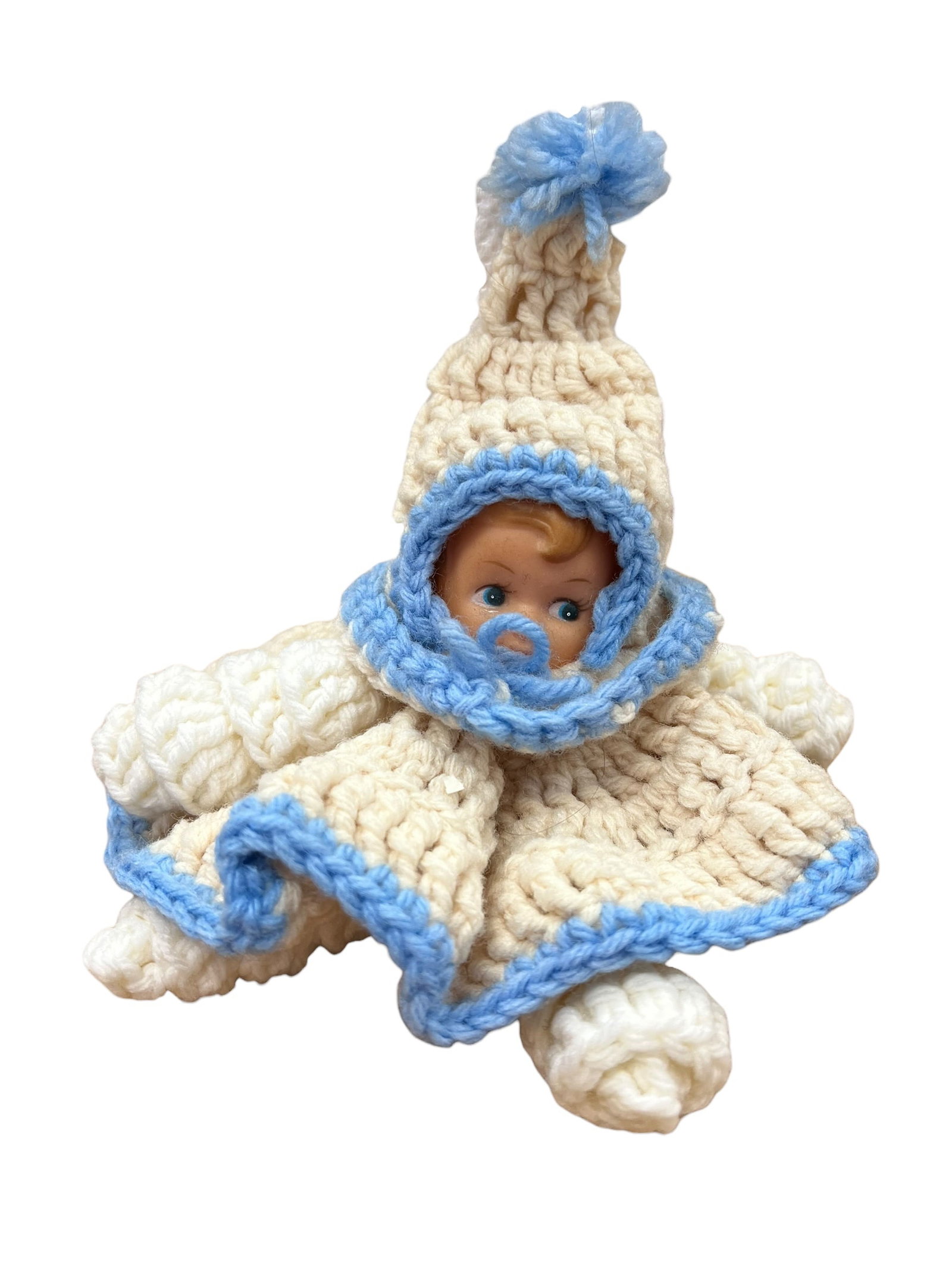 Vintage Hong Kong Plastic Baby Doll in Hand-Crocheted Blue & Cream Layette (1 of 4)