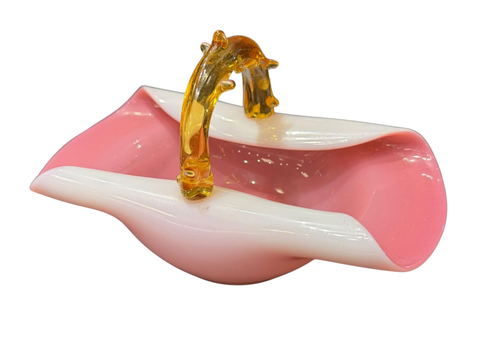 Art Glass Pink/White Basket w/Thorn Handle (1 of 3)