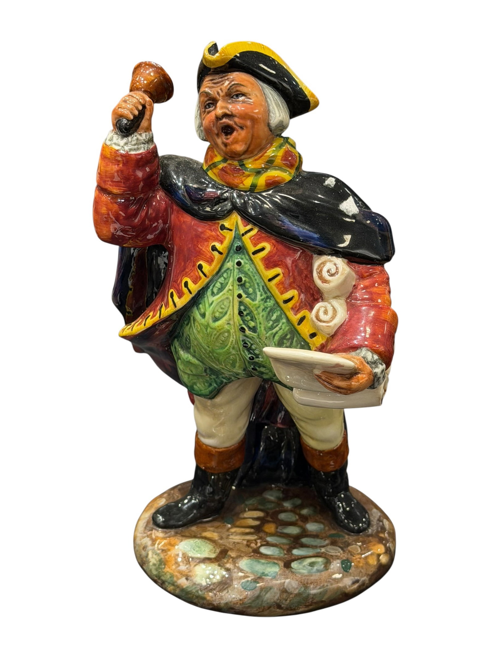 Royal Doulton “Town Crier?? Porcelain Figurine: Vintage Royal Doulton “Town Crier” character figurine, HN 2119, copyright 1952, depicting a traditional English town crier ringing his handbell while holding a proclamation. Finely modeled in 
