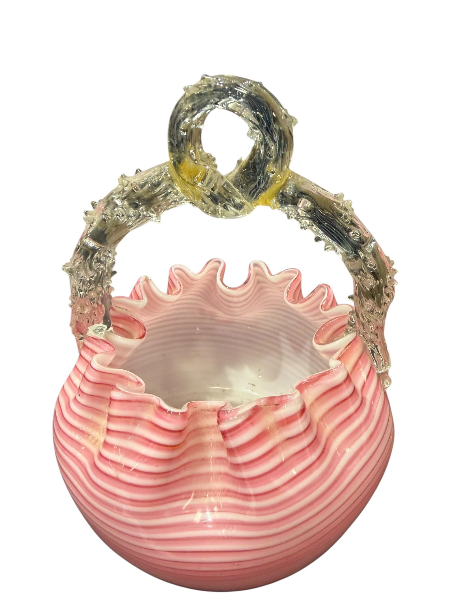 Vintage Murano-Style Pink & White Art Glass Basket with Applied Clear Glass Handle: Decorative vintage hand-blown art glass basket featuring a striking pink and white striped or ribbon-like pattern throughout the rounded body. The upper rim is dramatically formed with a deep ruffled/