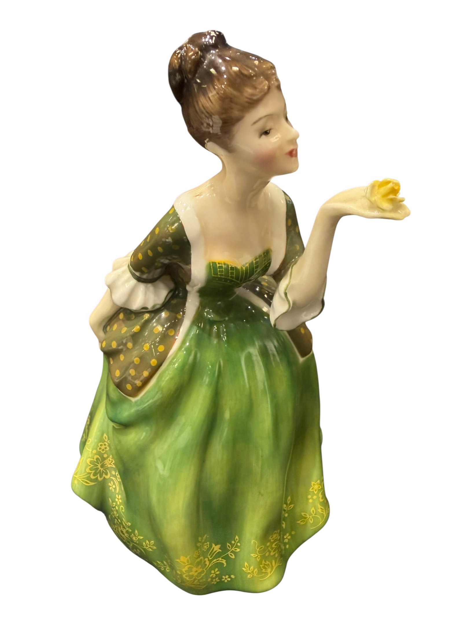 Royal Doulton “Fleur?? Porcelain Figurine: Royal Doulton “Fleur” HN 2368 bone china figurine, made in England. This elegant lady is modeled in a flowing green gown embellished with delicate gold floral decoration, contrasting olive-gre